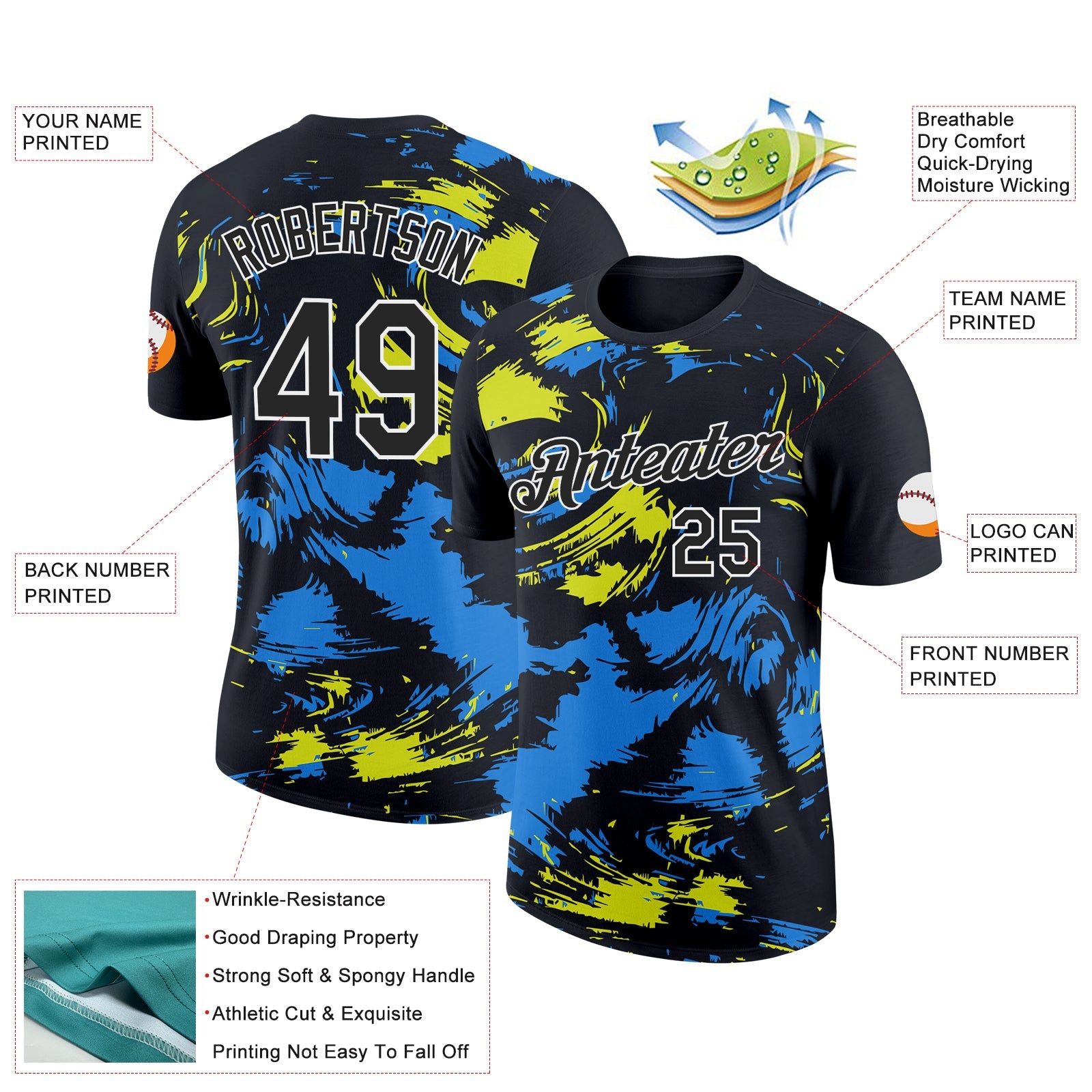 Custom Black Powder Blue-Neon Yellow 3D Esports Performance T-Shirt view 2