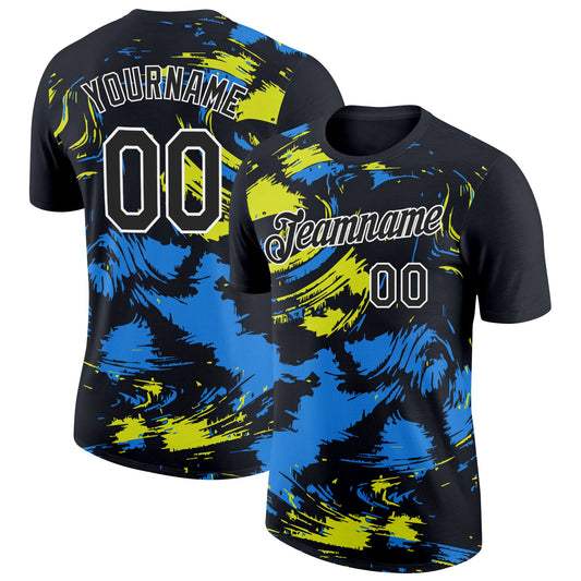 Custom Black Powder Blue-Neon Yellow 3D Esports Performance T-Shirt - Main View