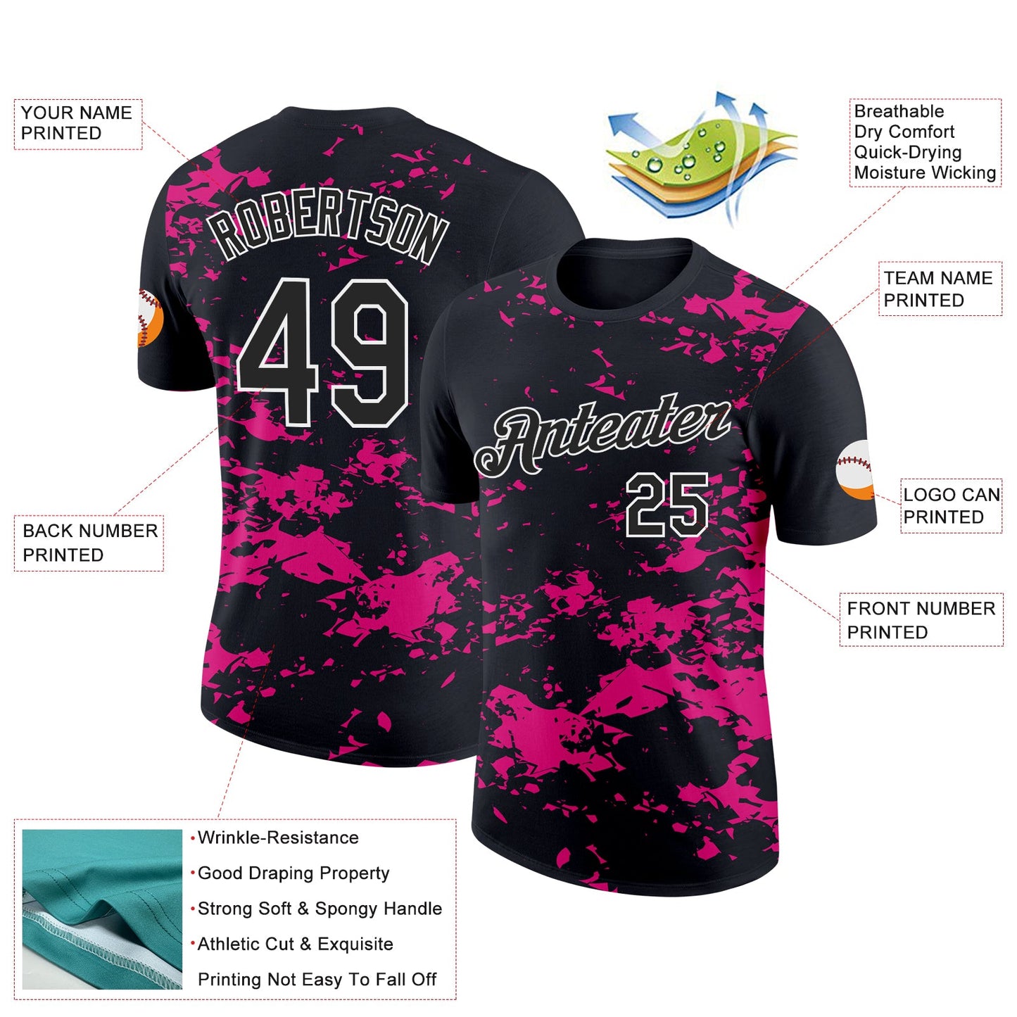 Custom Black Hot Pink-White 3D Esports Performance T-Shirt view 2