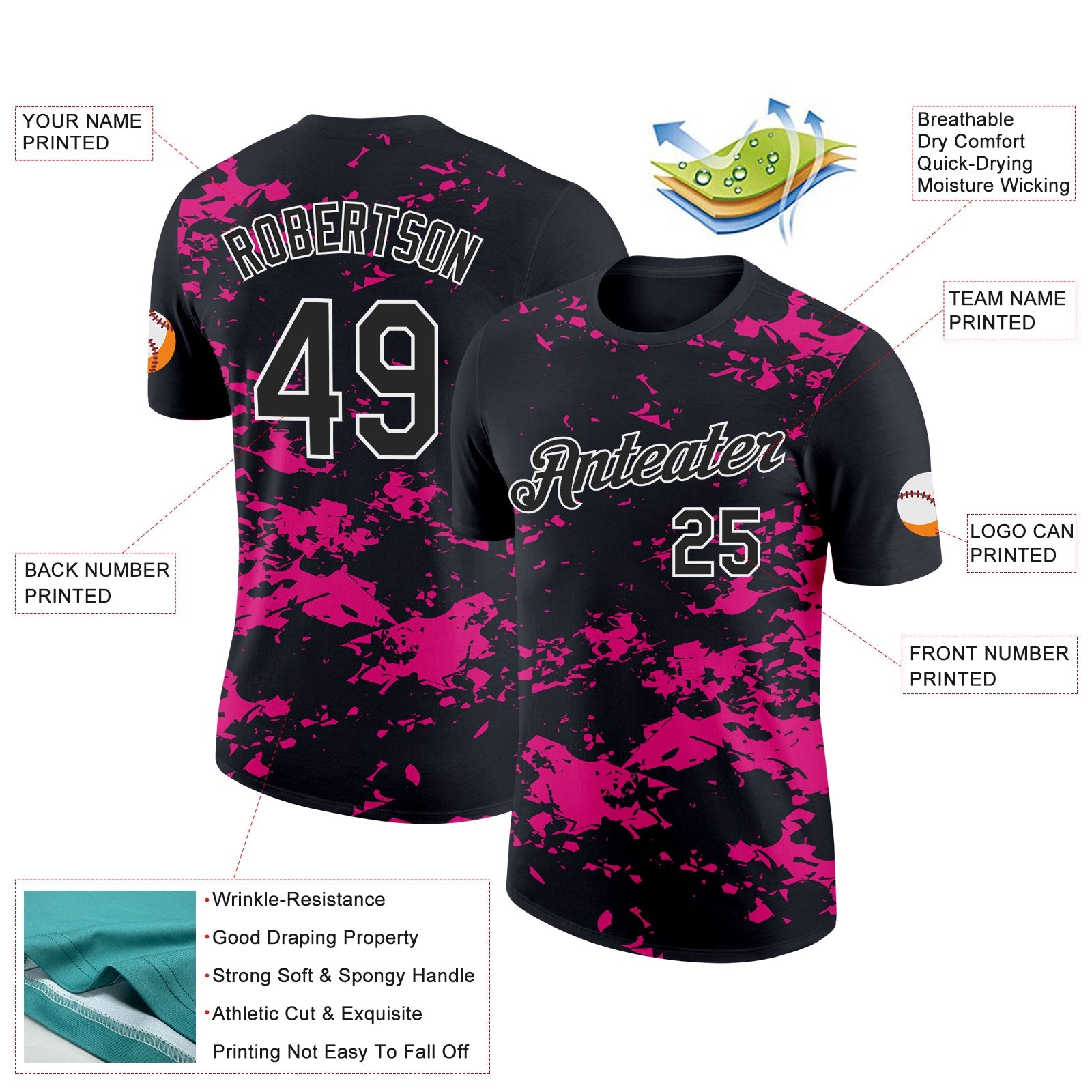 Custom Black Hot Pink-White 3D Esports Performance T-Shirt view 2