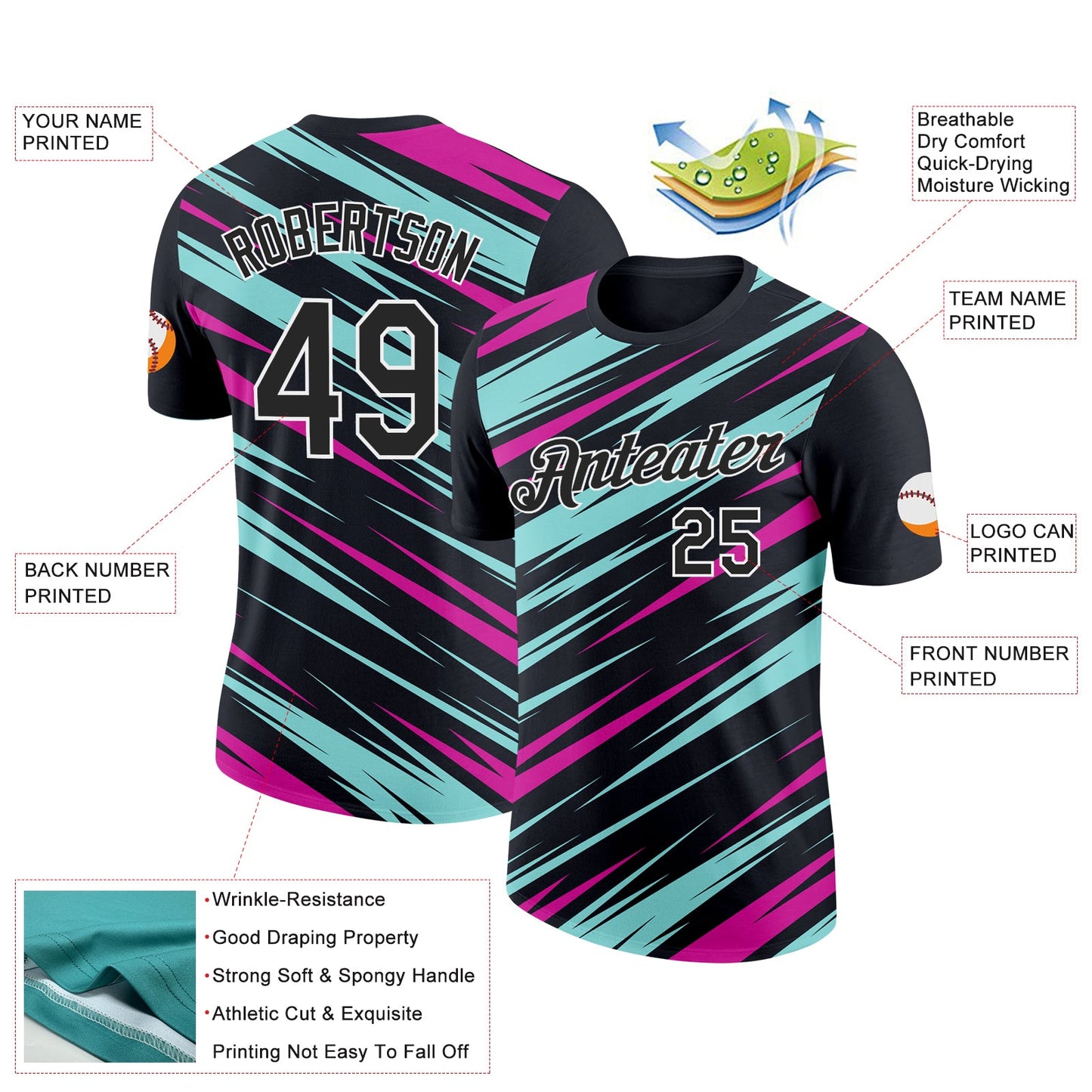 Custom Black Ice Blue-Deep Pink 3D Esports Performance T-Shirt view 2