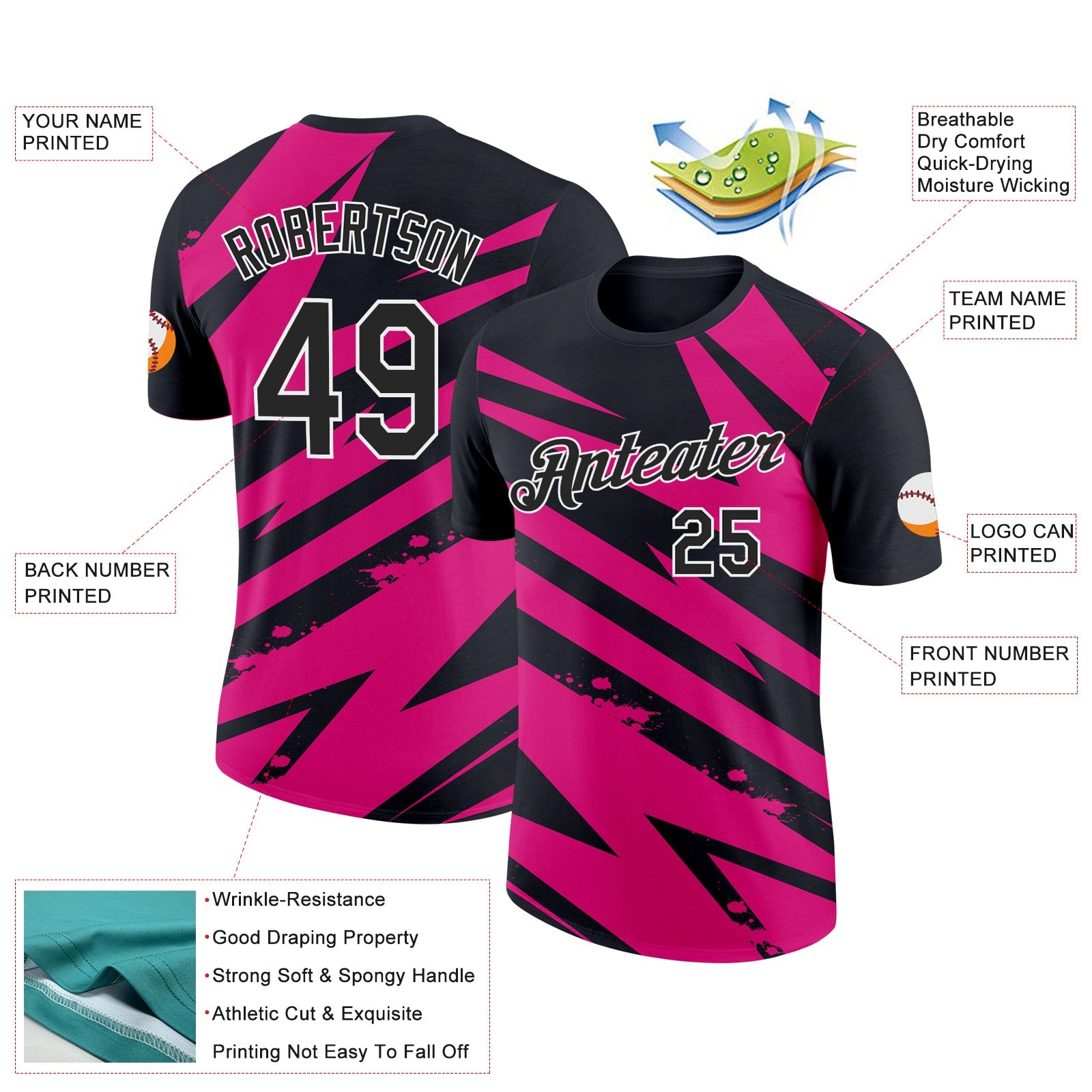 Custom Black Hot Pink-White 3D Esports Performance T-Shirt view 2
