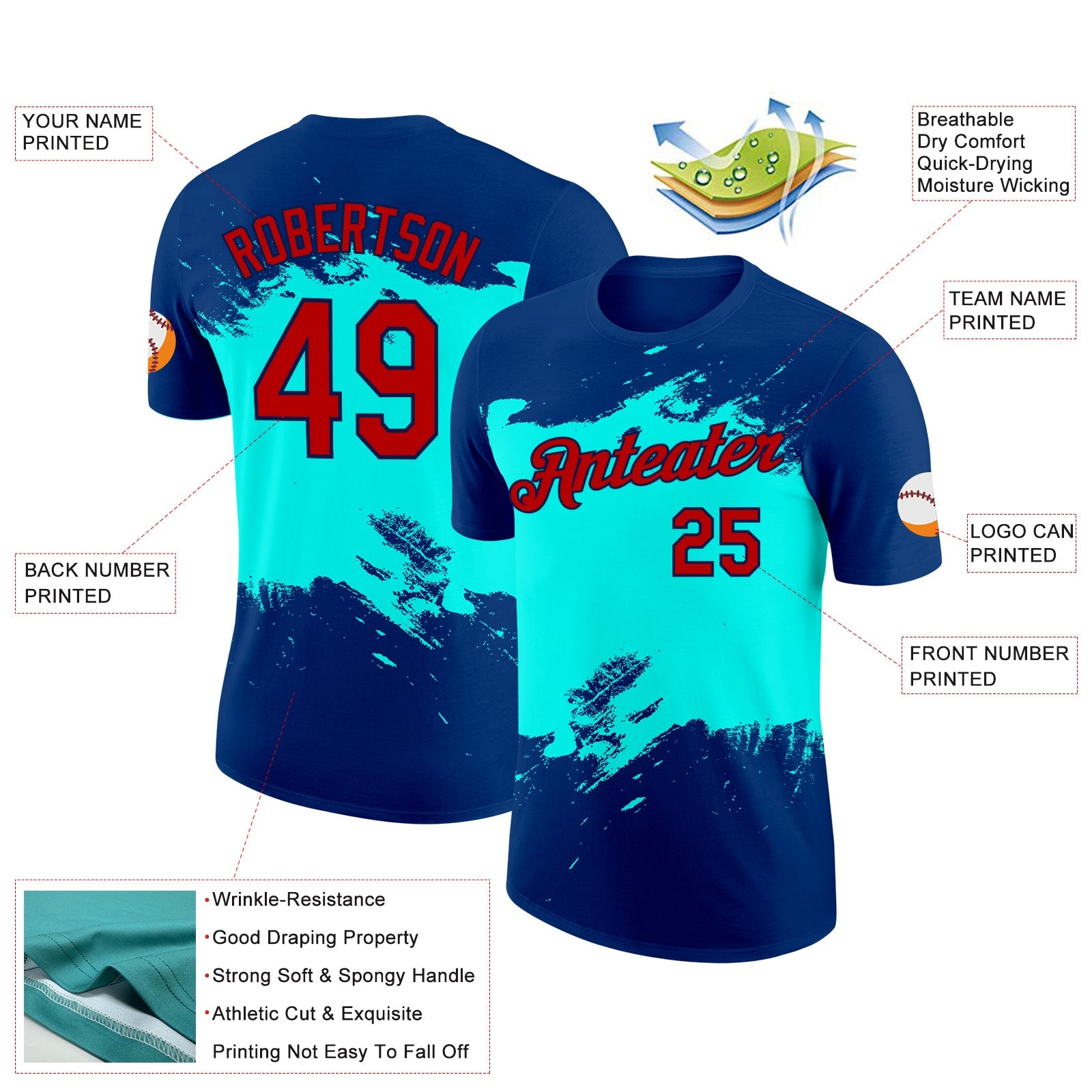 Custom US Navy Blue Red Ice Blue-Navy 3D Esports Performance T-Shirt view 2