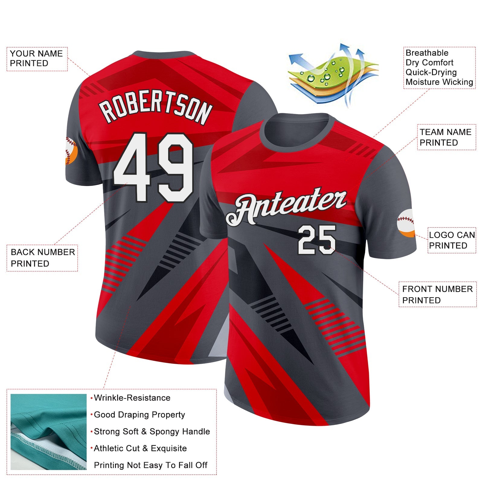 Custom Steel Gray Red-Black 3D Esports Performance T-Shirt view 2