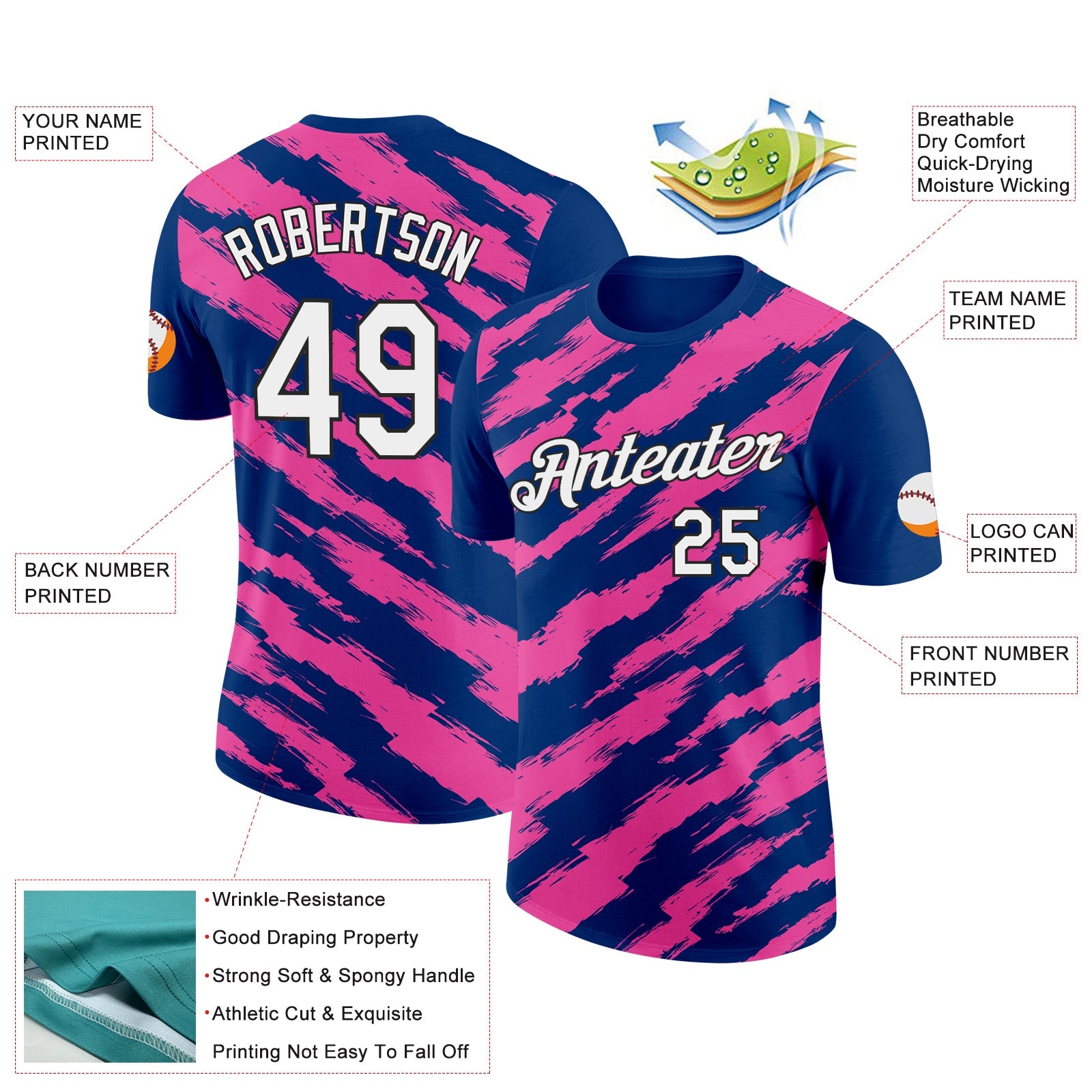 Custom US Navy Blue Pink-Black 3D Esports Performance T-Shirt view 2
