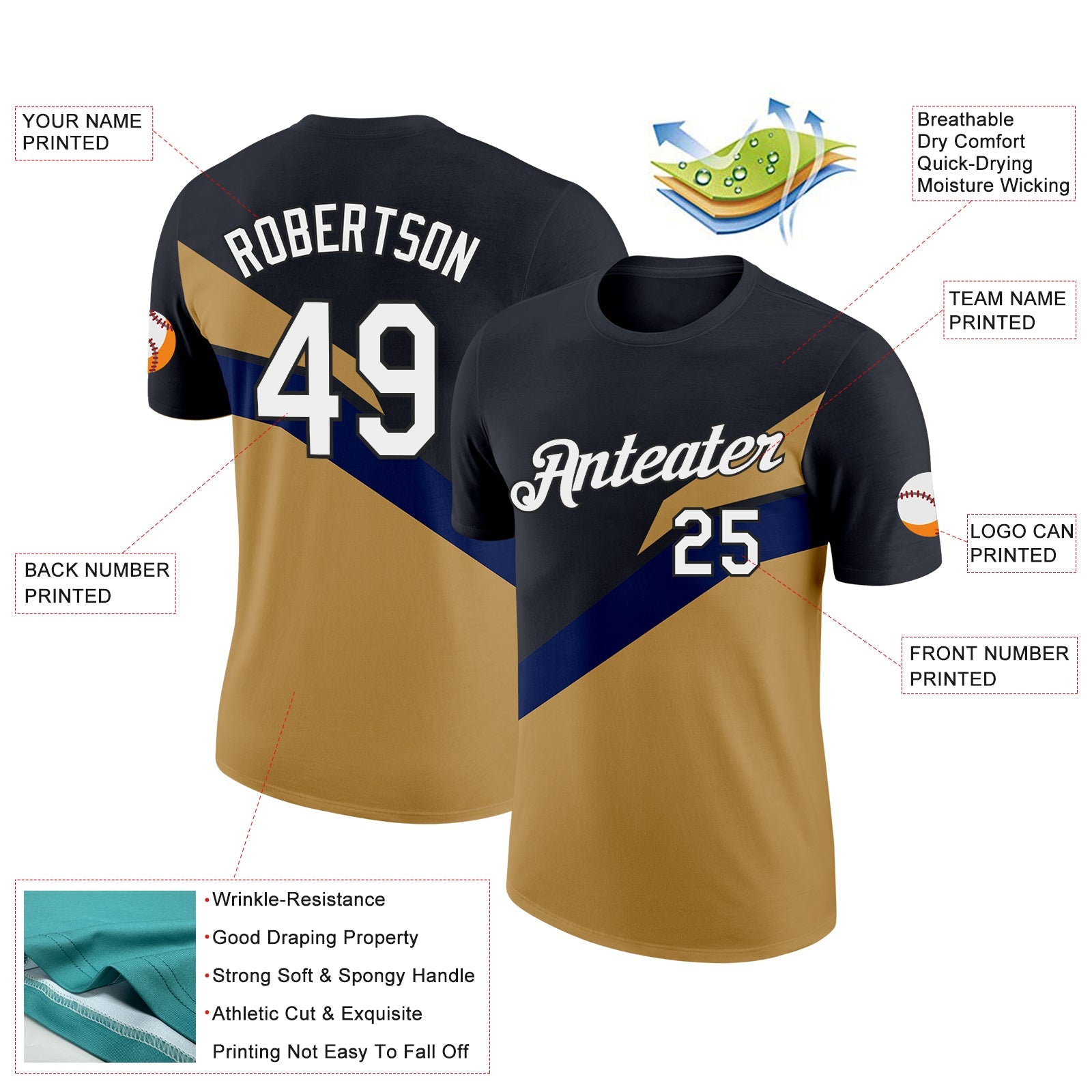 Custom Black Old Gold-Navy 3D Esports Performance T-Shirt view 2