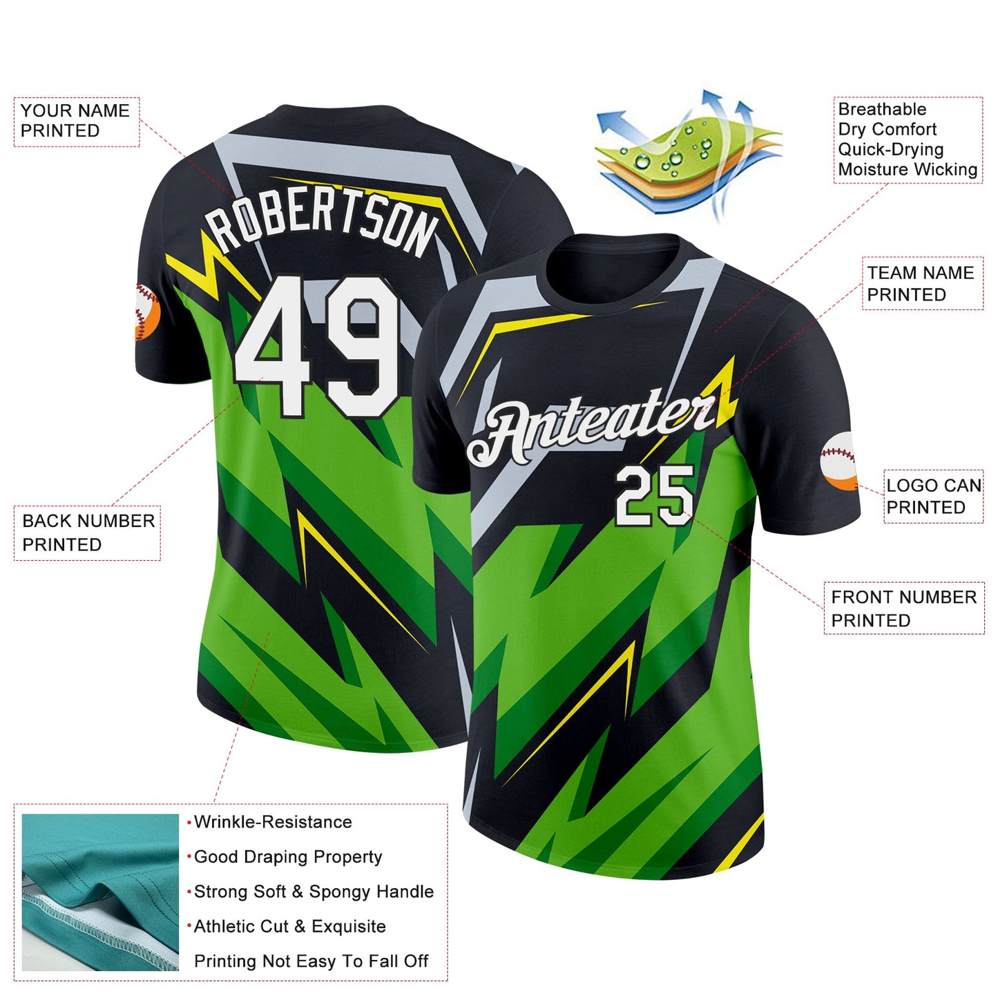 Custom Black Aurora Green Silver-Light Yellow 3D Esports Performance T-Shirt view 2