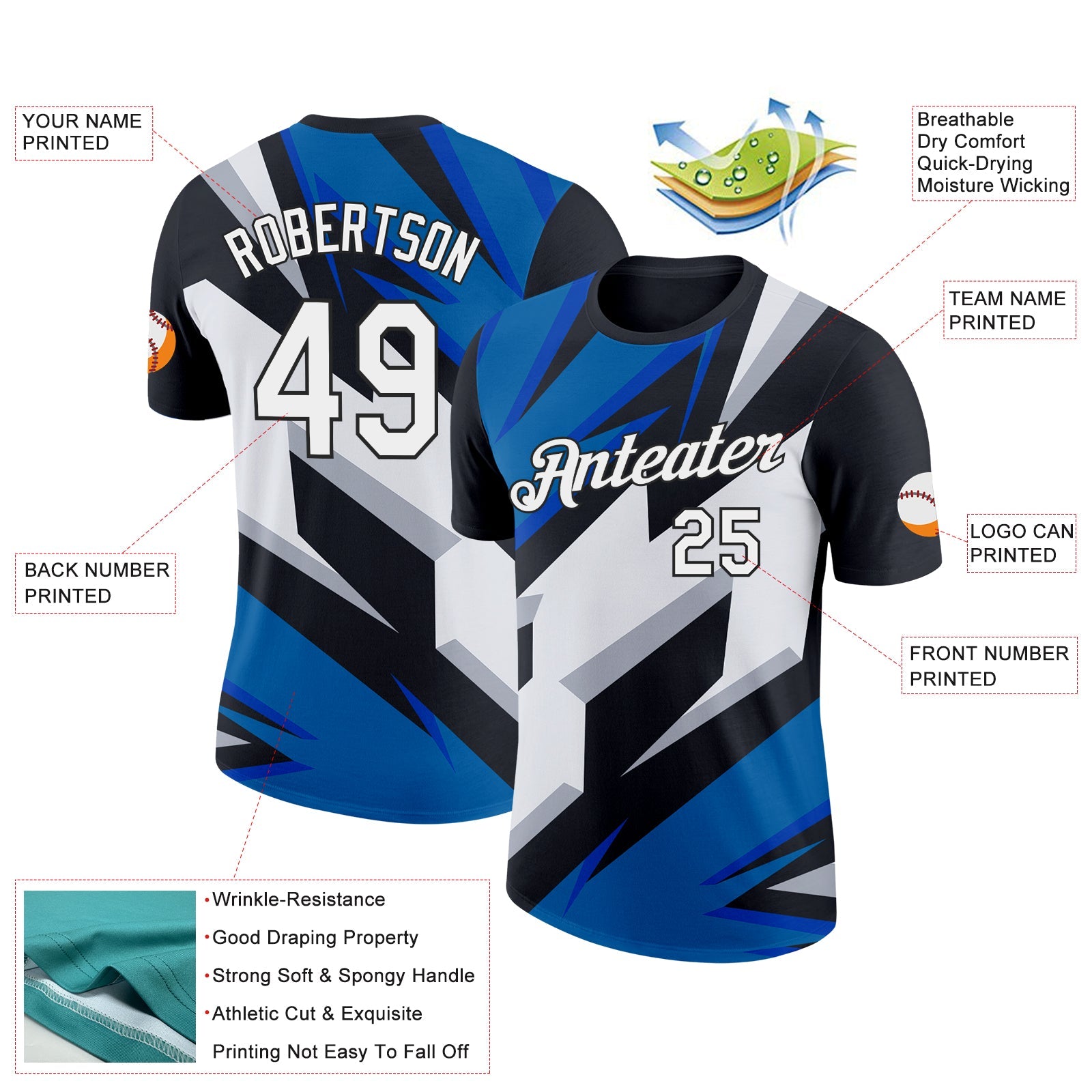 Custom Black White-Blue 3D Esports Performance T-Shirt view 2