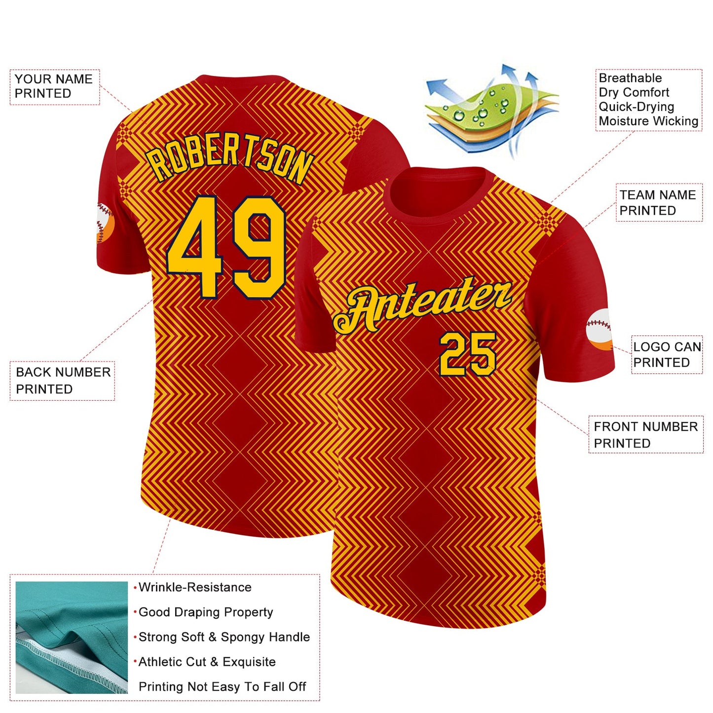 Custom Red Yellow-Navy 3D Esports Performance T-Shirt view 2