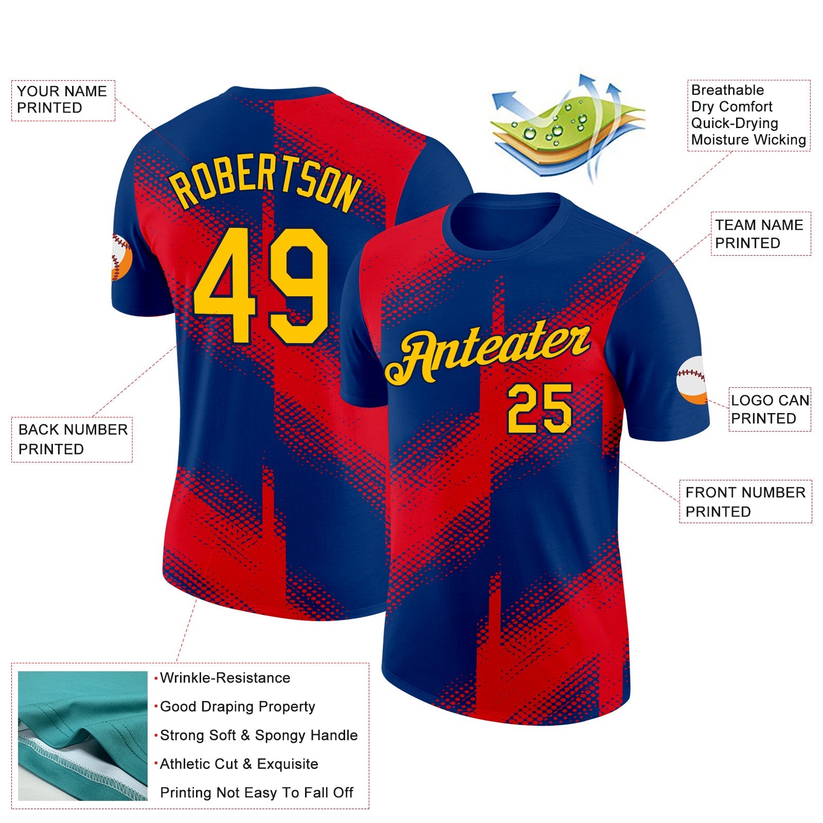 Custom US Navy Blue Yellow Fire Red-Navy 3D Esports Performance T-Shirt view 2