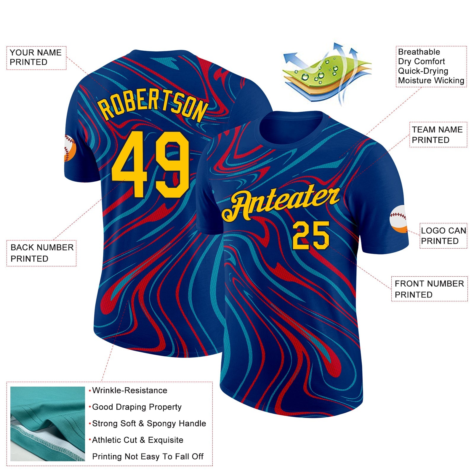 Custom US Navy Blue Yellow Teal Fire Red-Navy 3D Esports Performance T-Shirt view 2