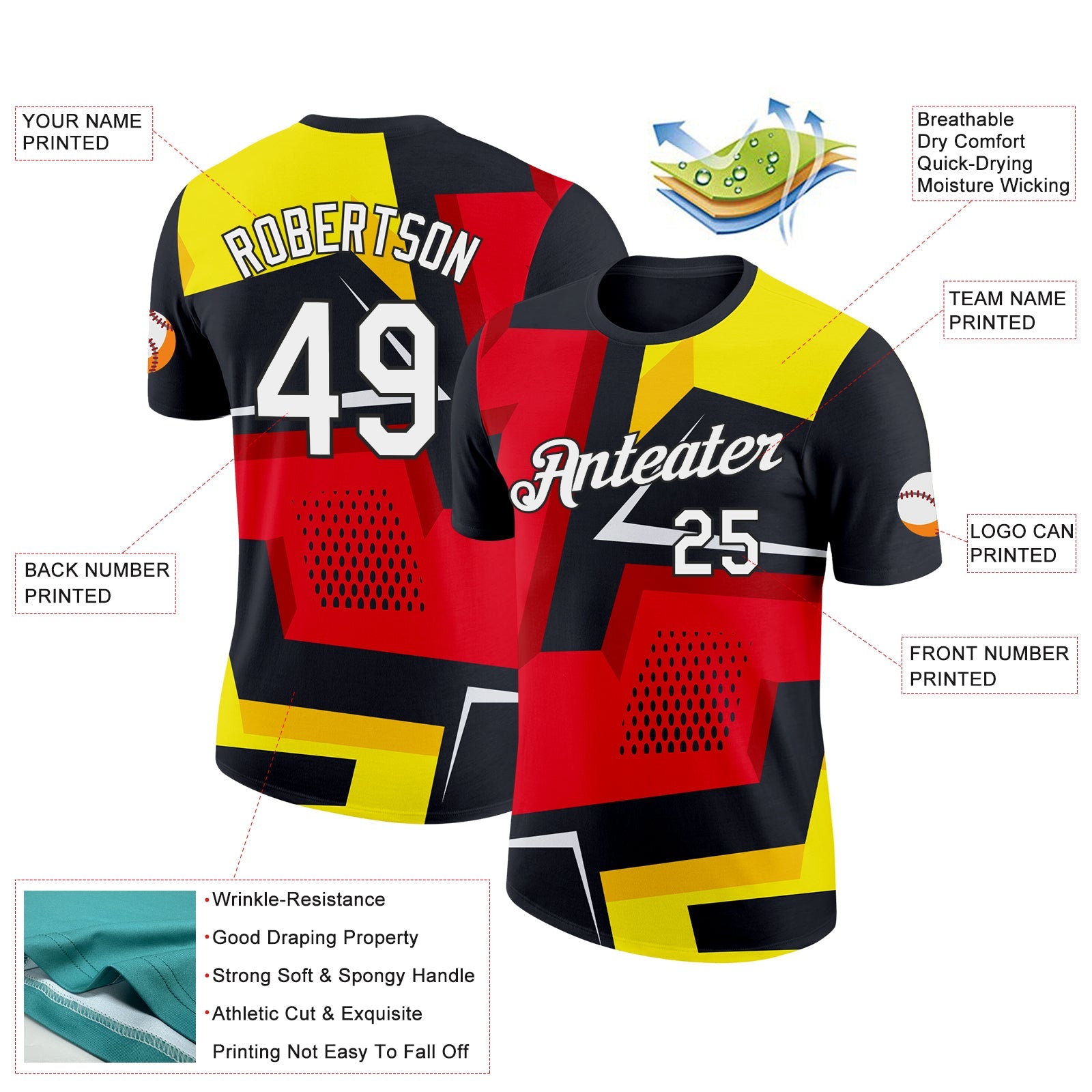 Custom Black Red-Yellow 3D Esports Performance T-Shirt view 2