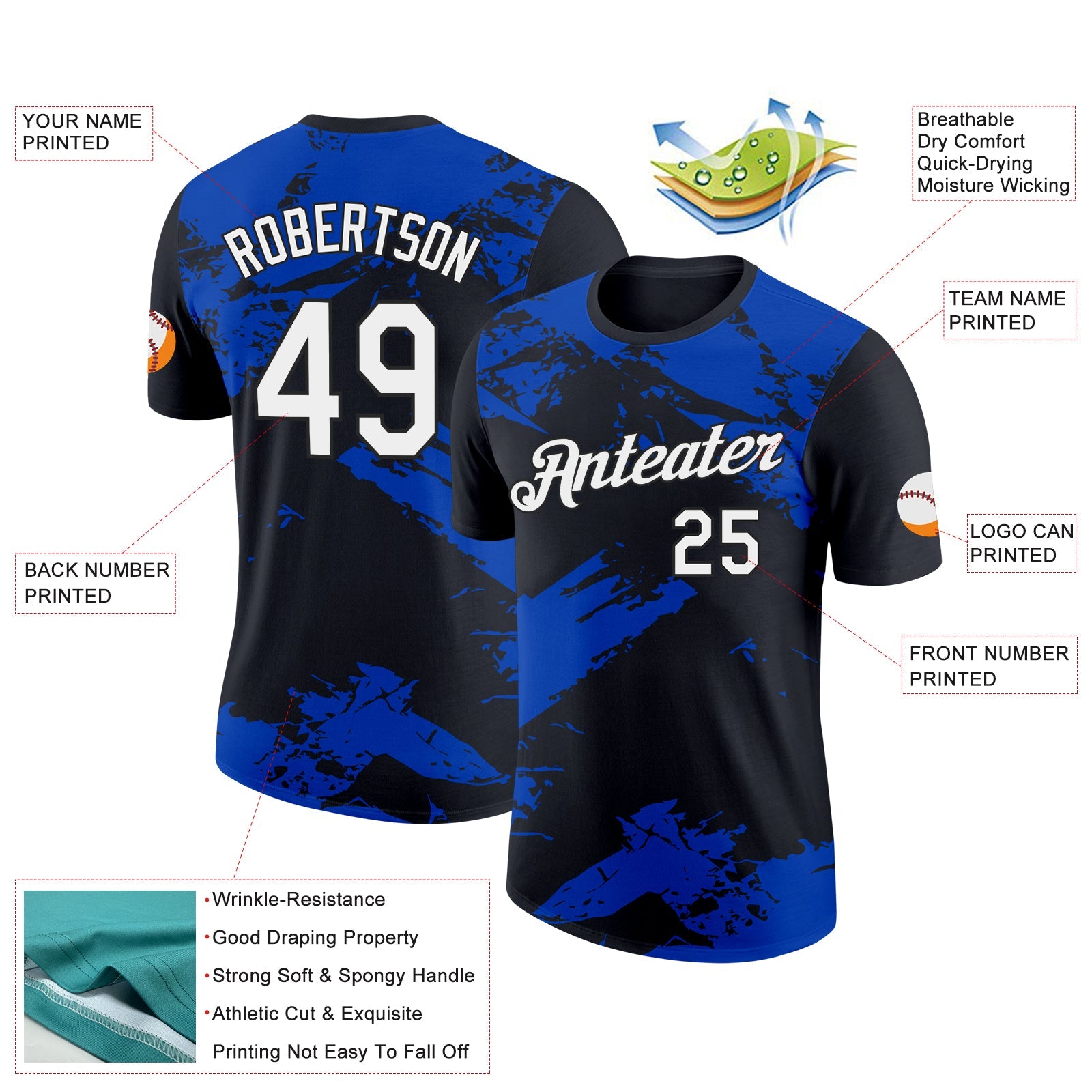 Custom Black White-Thunder Blue 3D Esports Performance T-Shirt view 2
