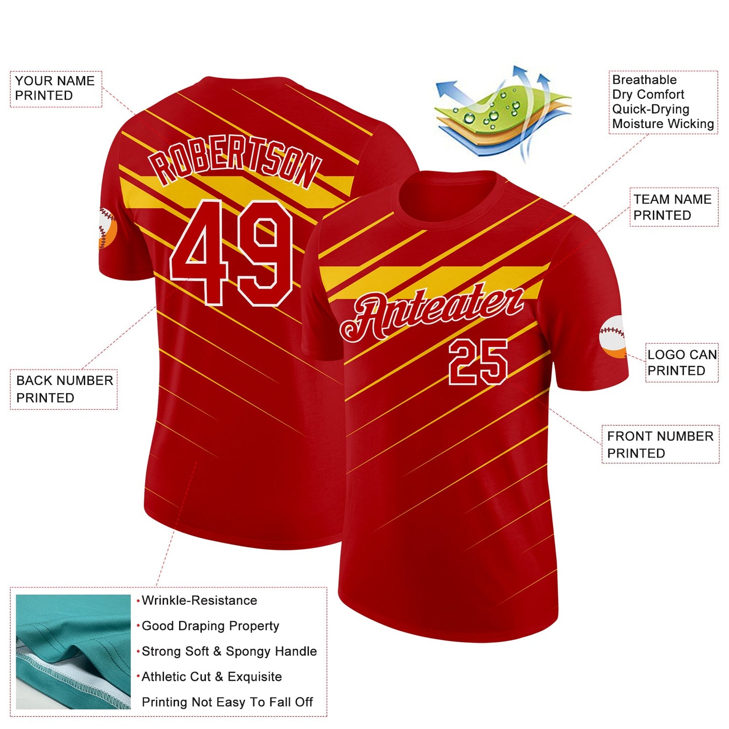Custom Red Yellow-White 3D Esports Performance T-Shirt view 2