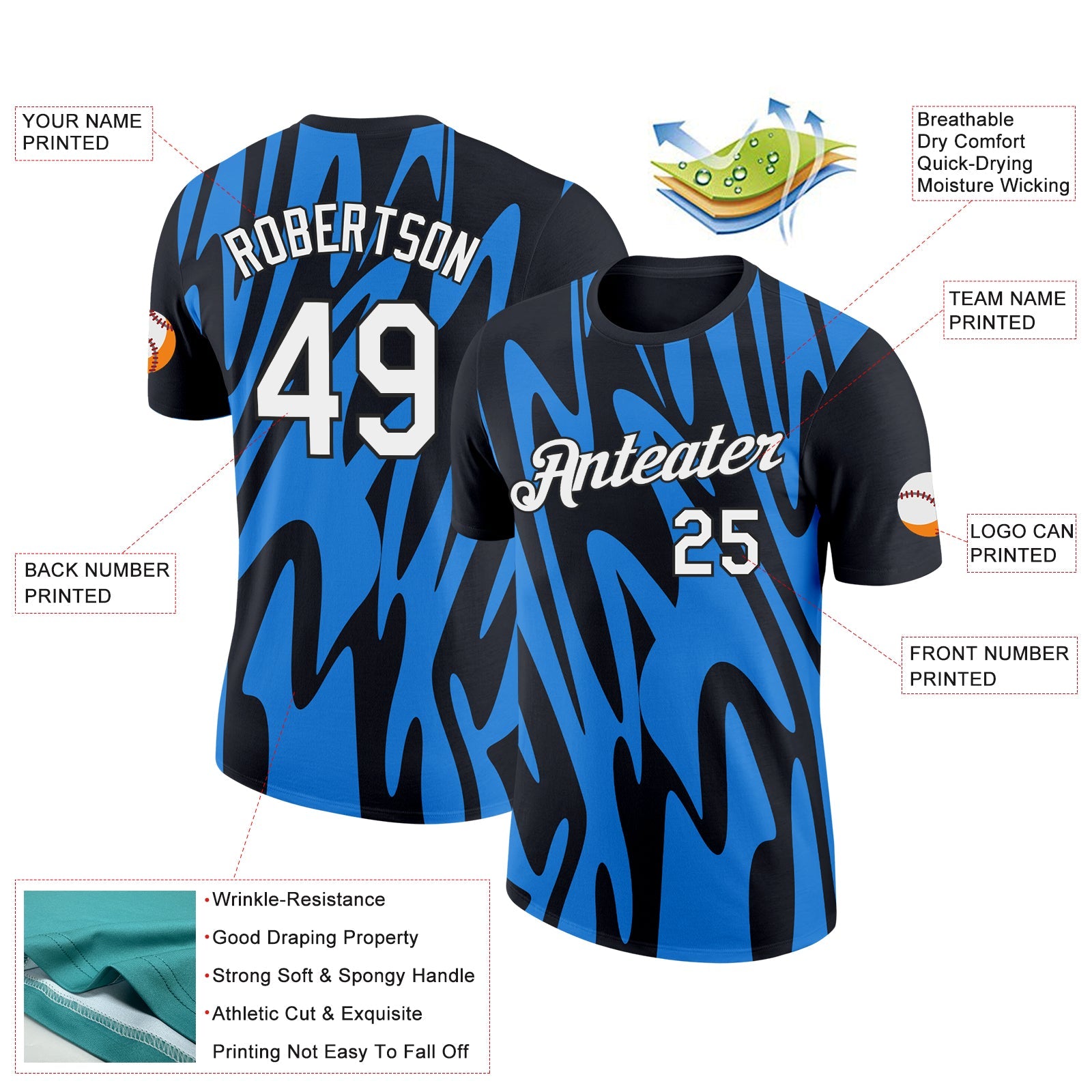 Custom Black White-Powder Blue 3D Esports Performance T-Shirt view 2