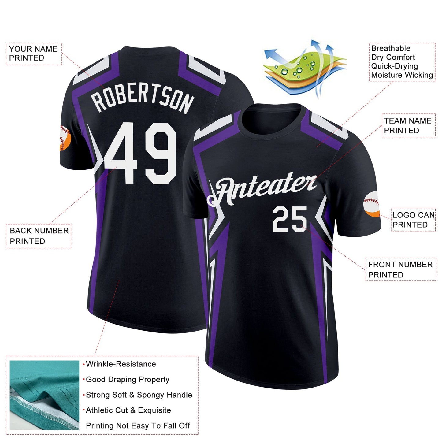 Custom Black White-Purple 3D Esports Performance T-Shirt view 2