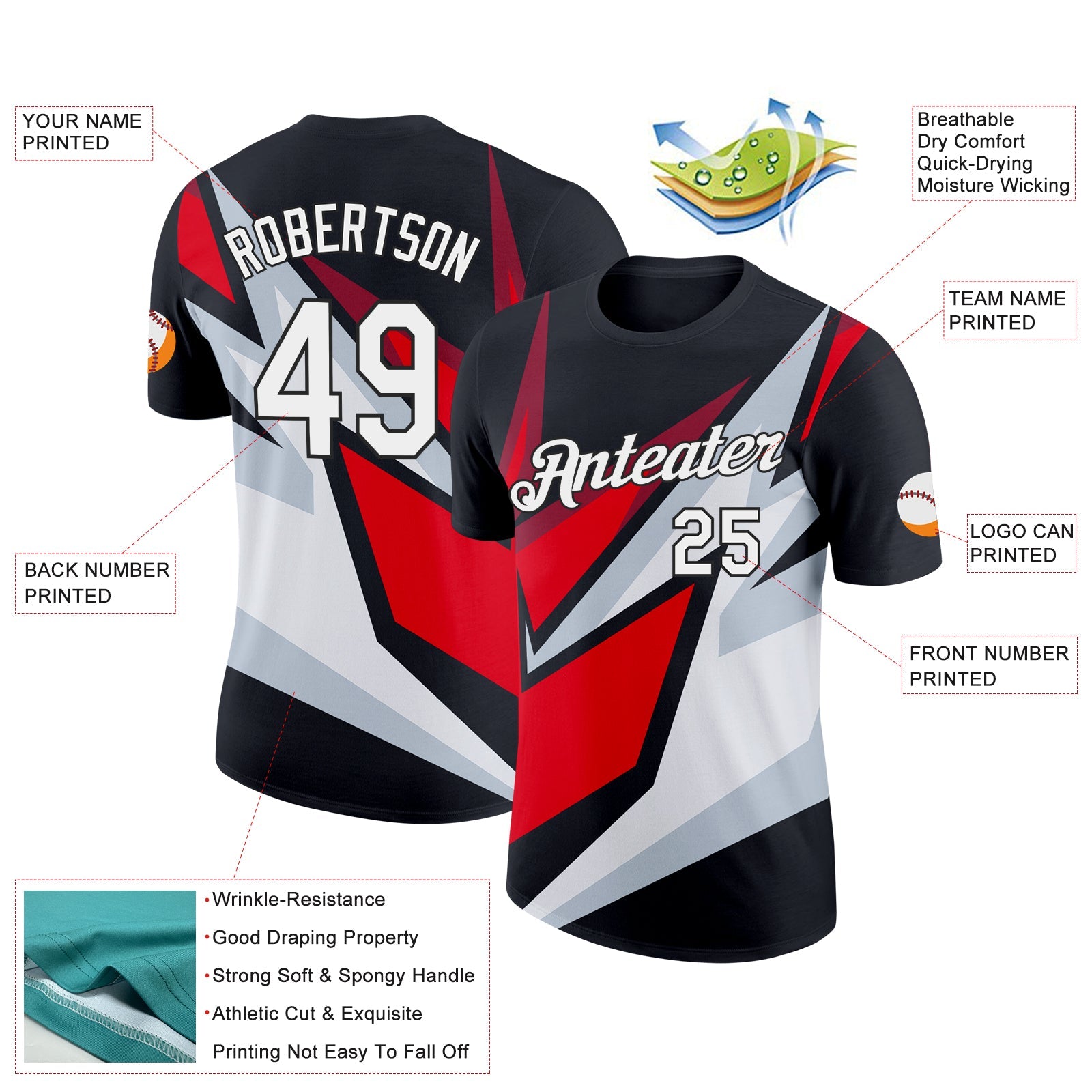 Custom Black Red-Silver 3D Esports Performance T-Shirt view 2