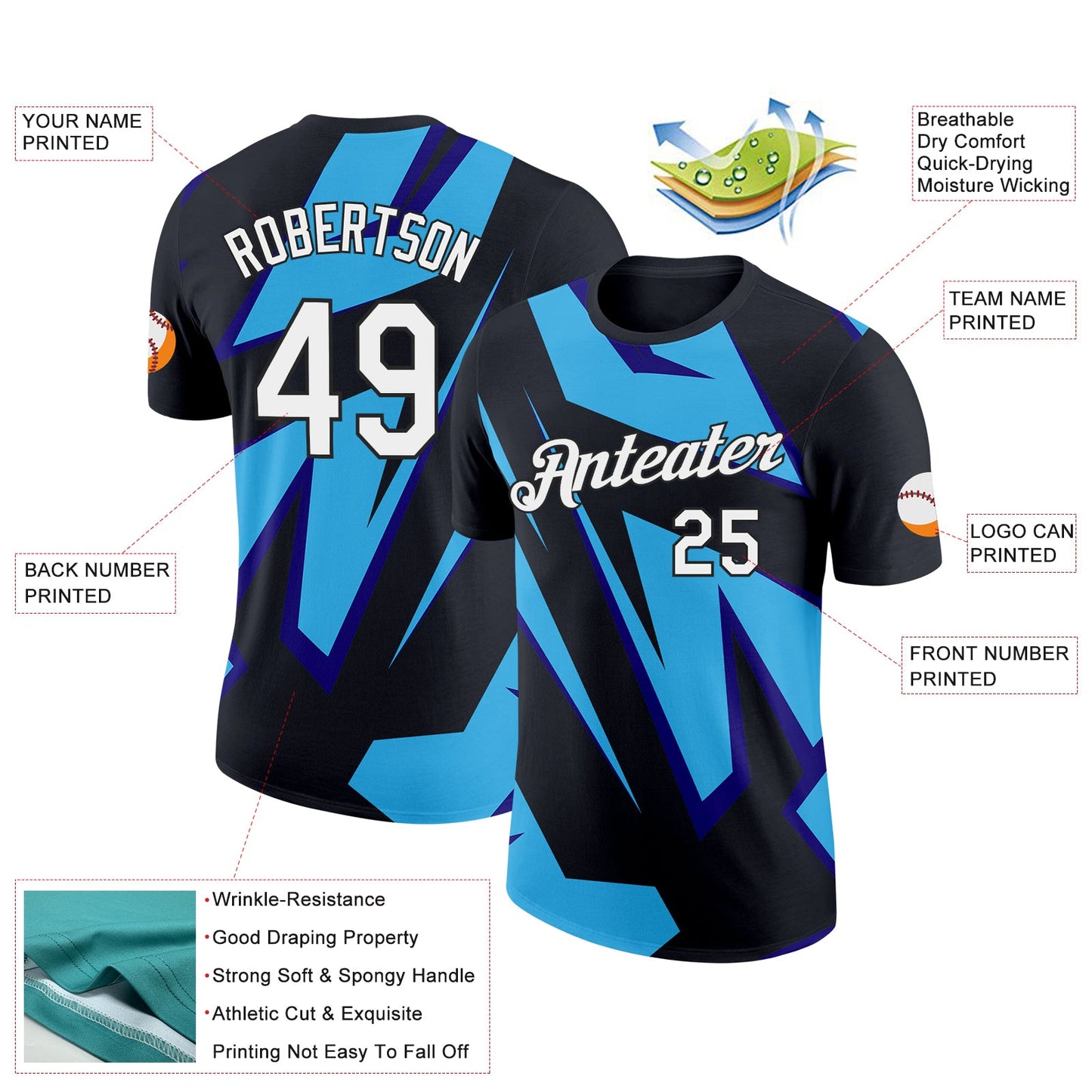 Custom Black Sky Blue-Dark Purple 3D Esports Performance T-Shirt view 2