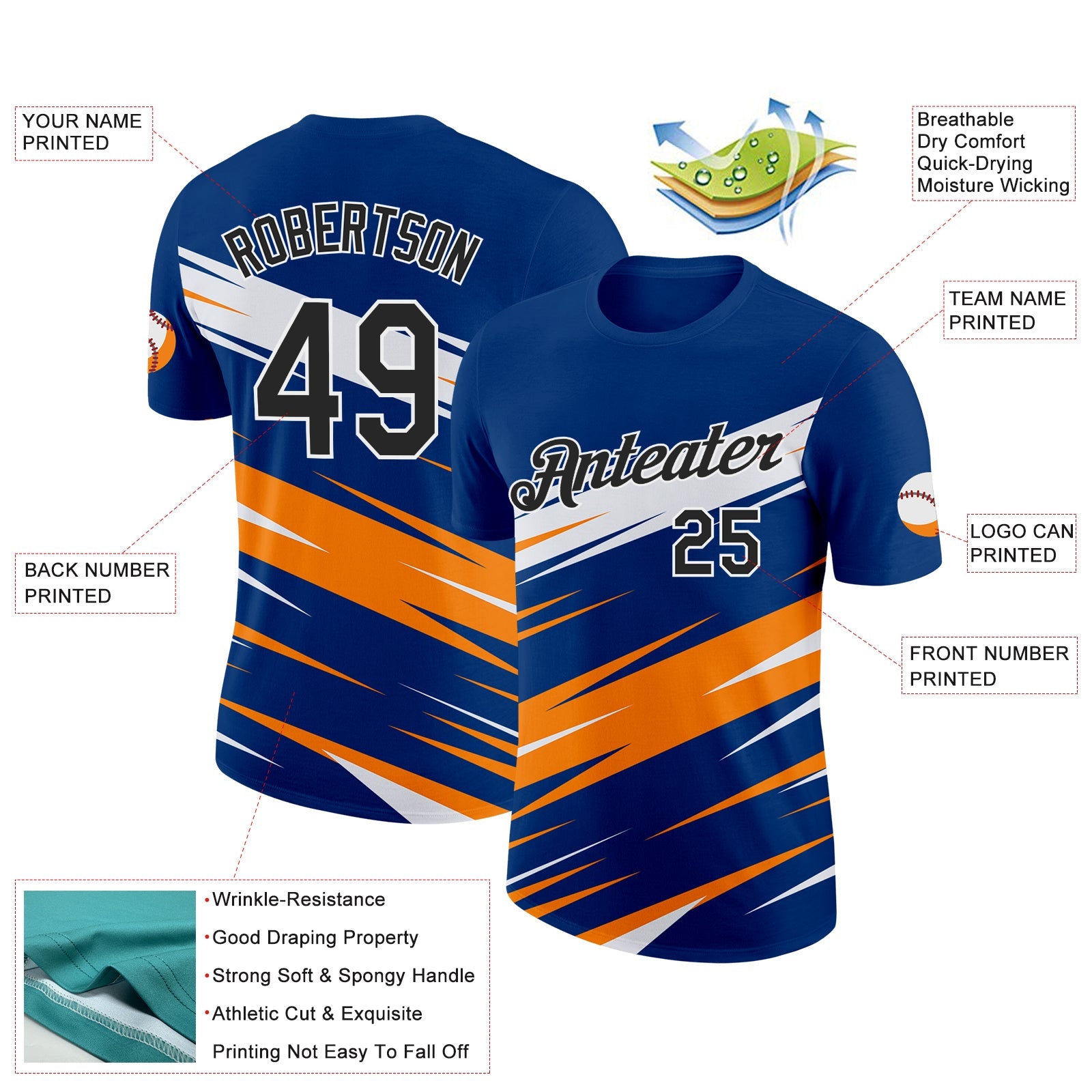 Custom US Navy Blue Black-Bay Orange 3D Esports Performance T-Shirt view 2