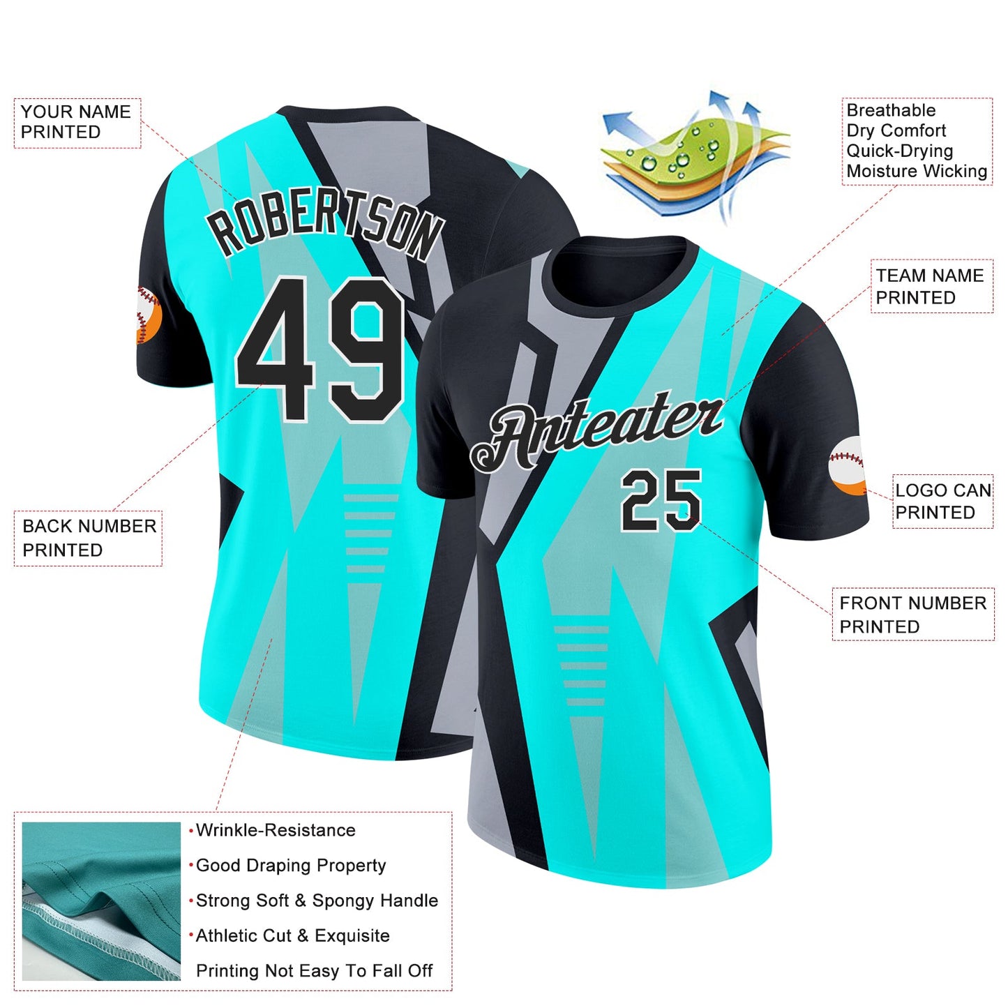Custom Ice Blue Black-Gray 3D Esports Performance T-Shirt view 2