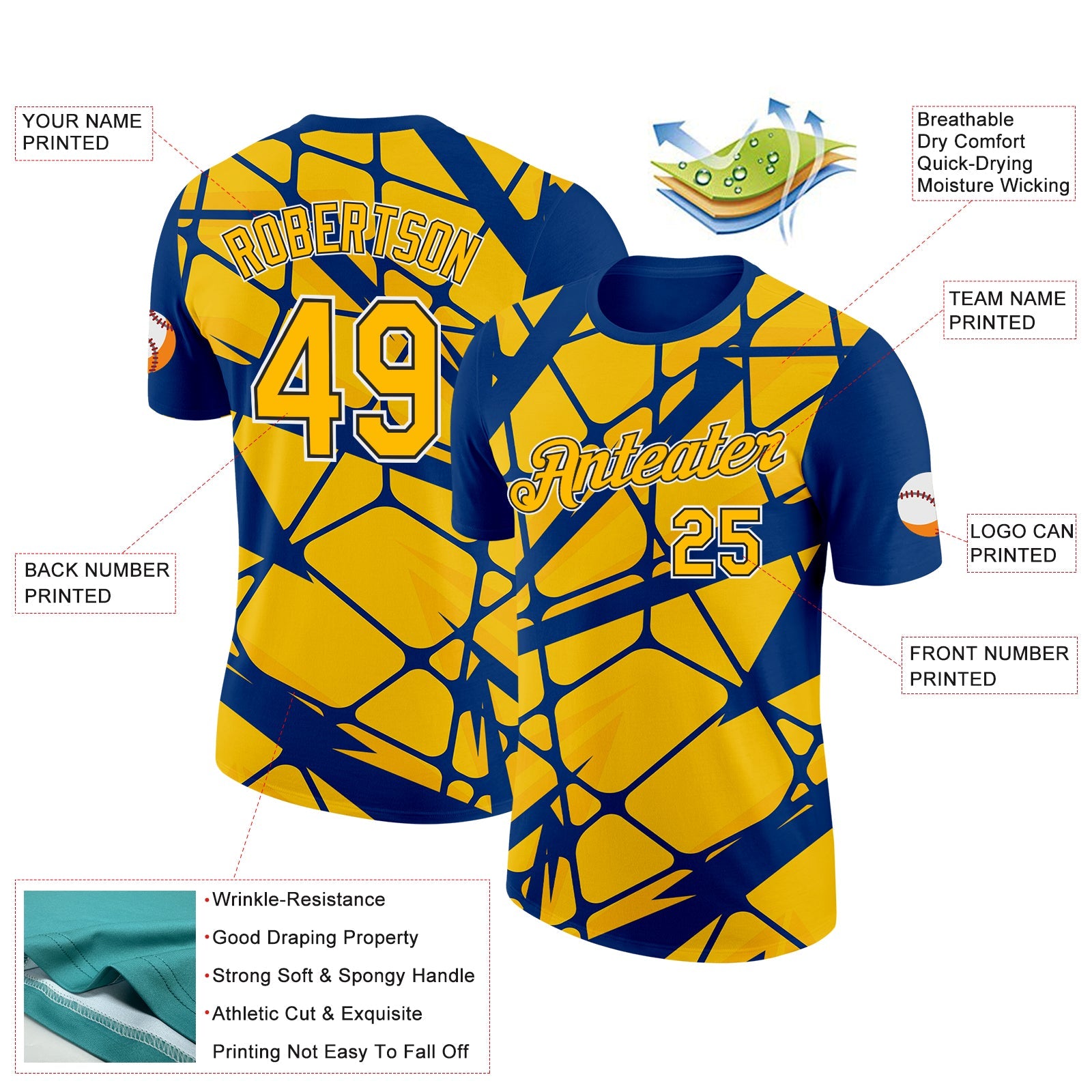 Custom Thunder Blue Gold-Black 3D Esports Performance T-Shirt view 2
