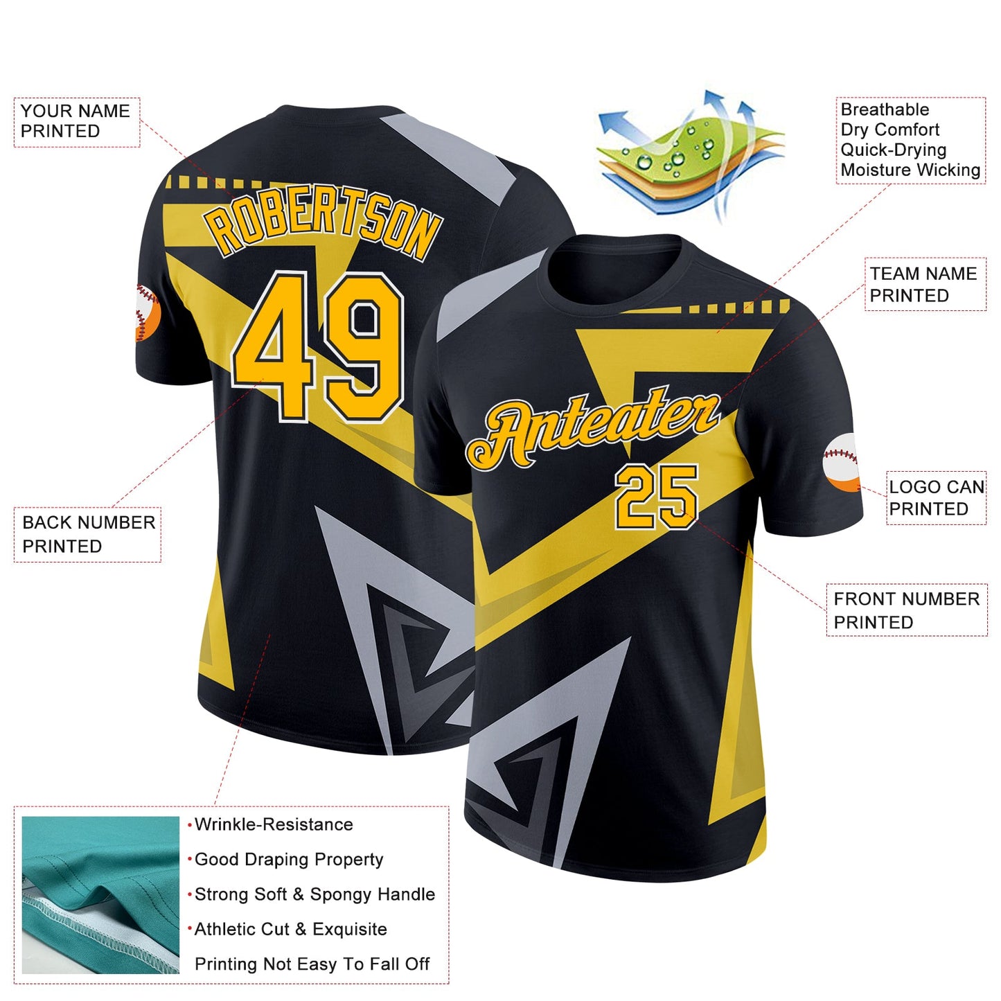 Custom Black Gold-Gray 3D Esports Performance T-Shirt view 2