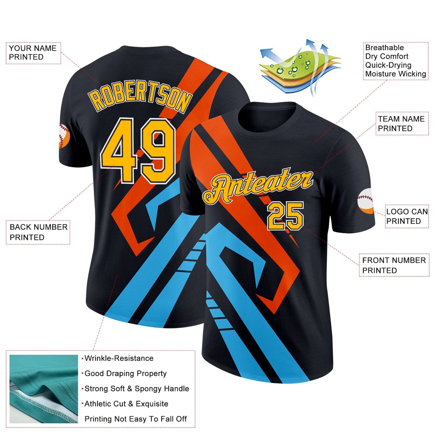 Custom Black Gold Sky Blue-Orange 3D Esports Performance T-Shirt view 2