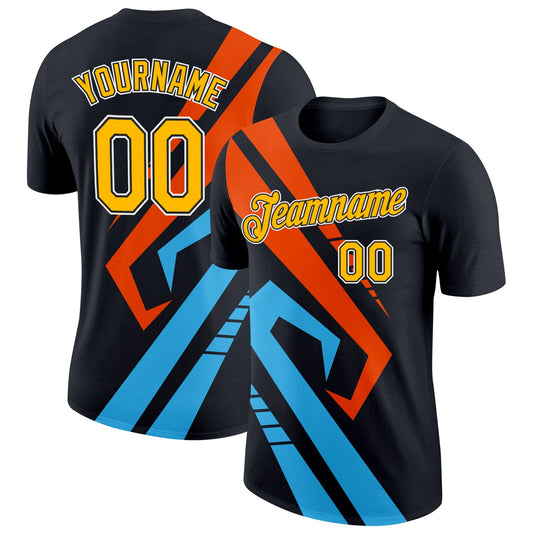 Custom Black Gold Sky Blue-Orange 3D Esports Performance T-Shirt - Main View