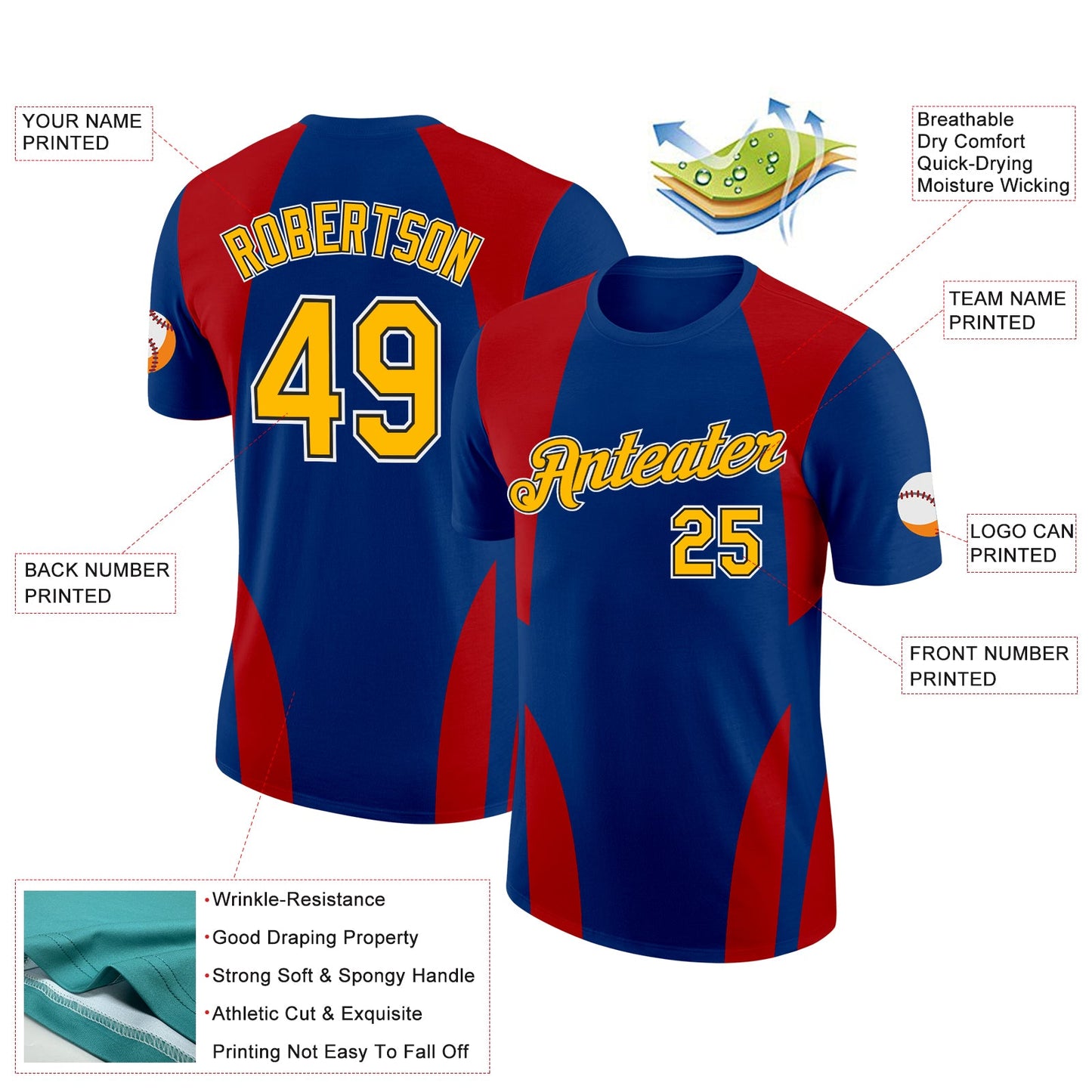 Custom US Navy Blue Gold Red-Black 3D Esports Performance T-Shirt view 2