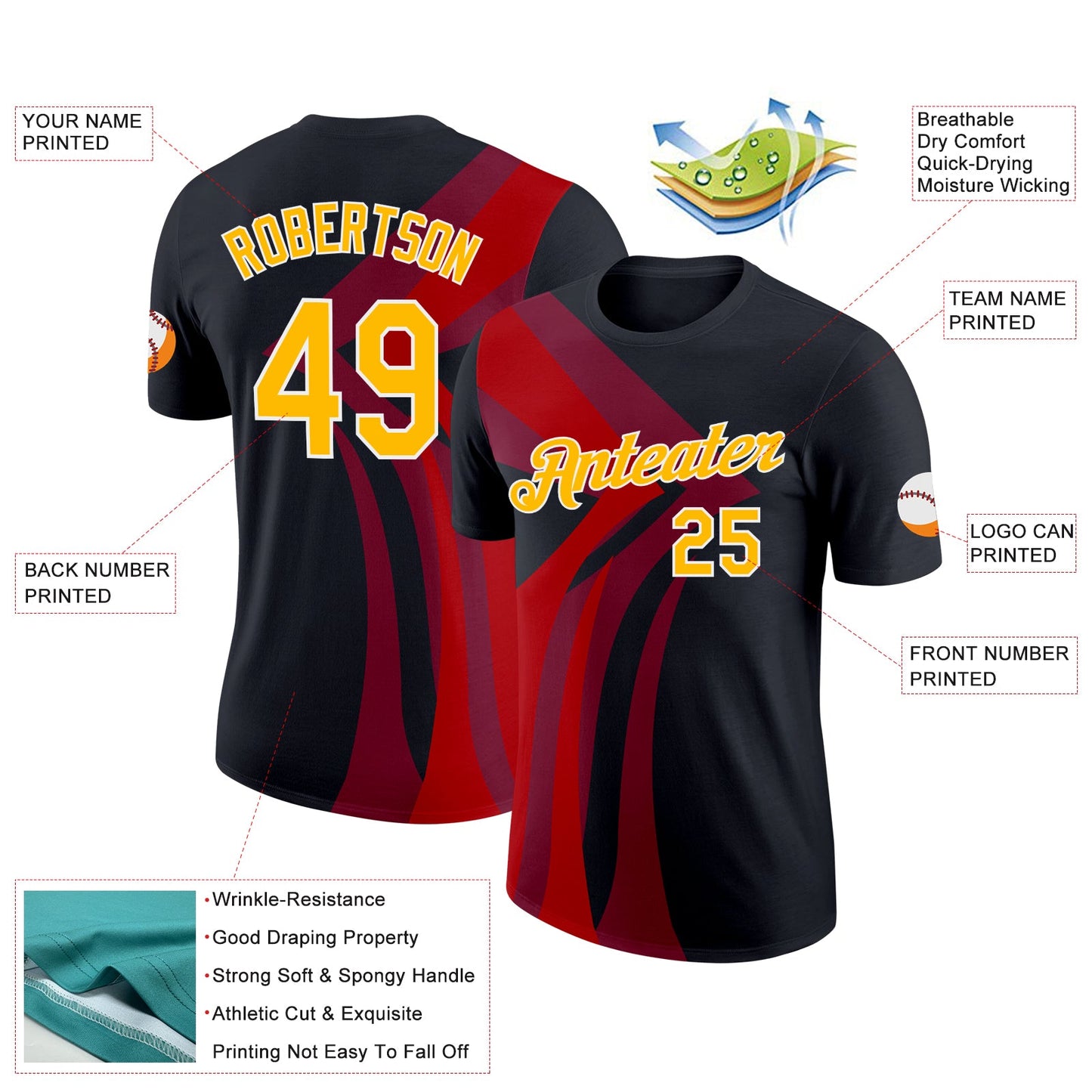 Custom Black Gold-Red 3D Esports Performance T-Shirt view 2