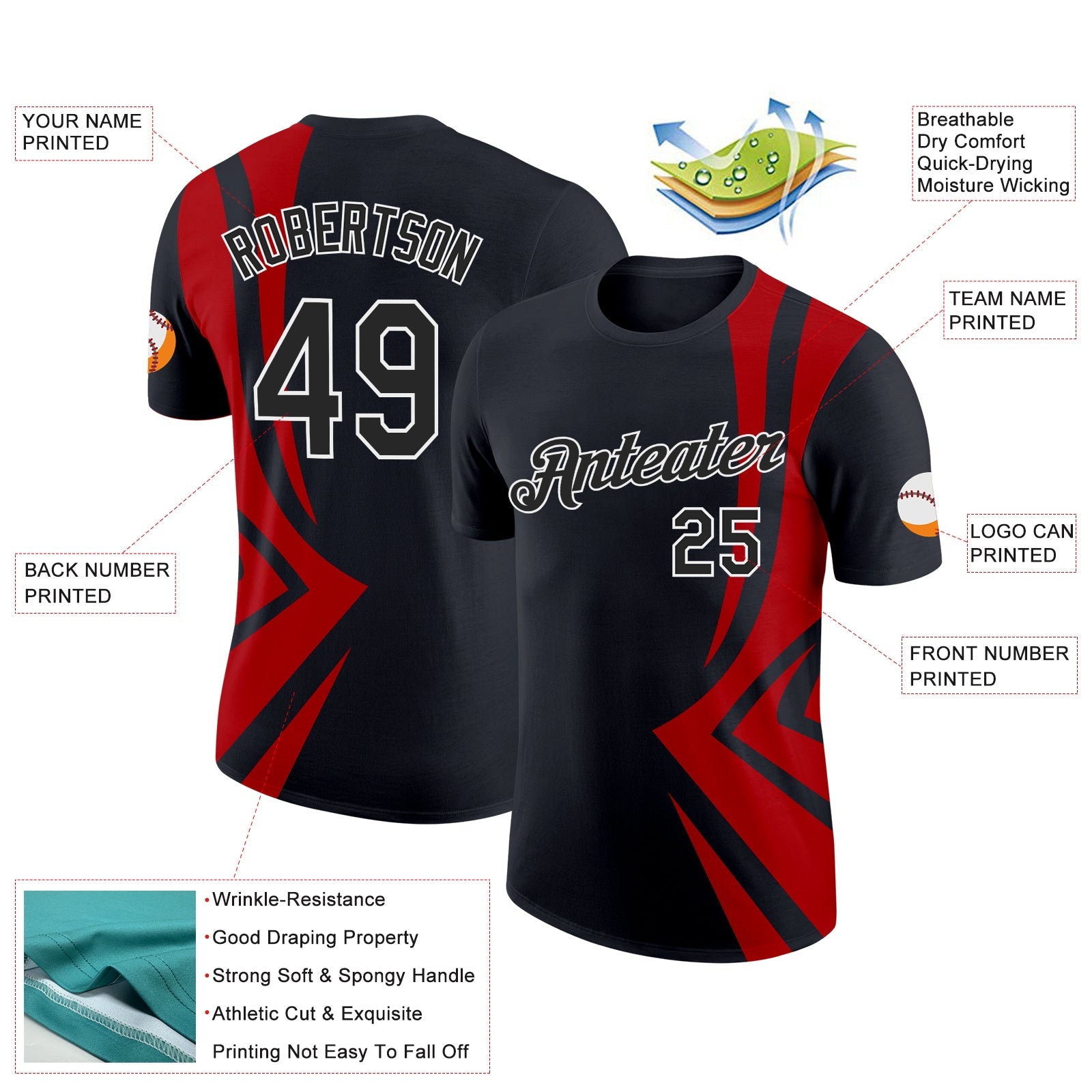 Custom Black Red-White 3D Esports Performance T-Shirt view 2