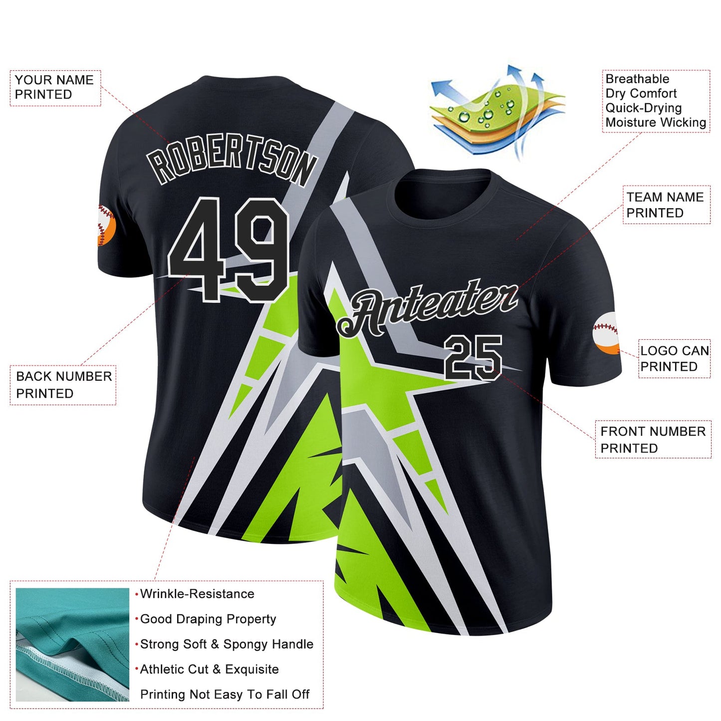 Custom Black Neon Green-Gray 3D Esports Performance T-Shirt view 2