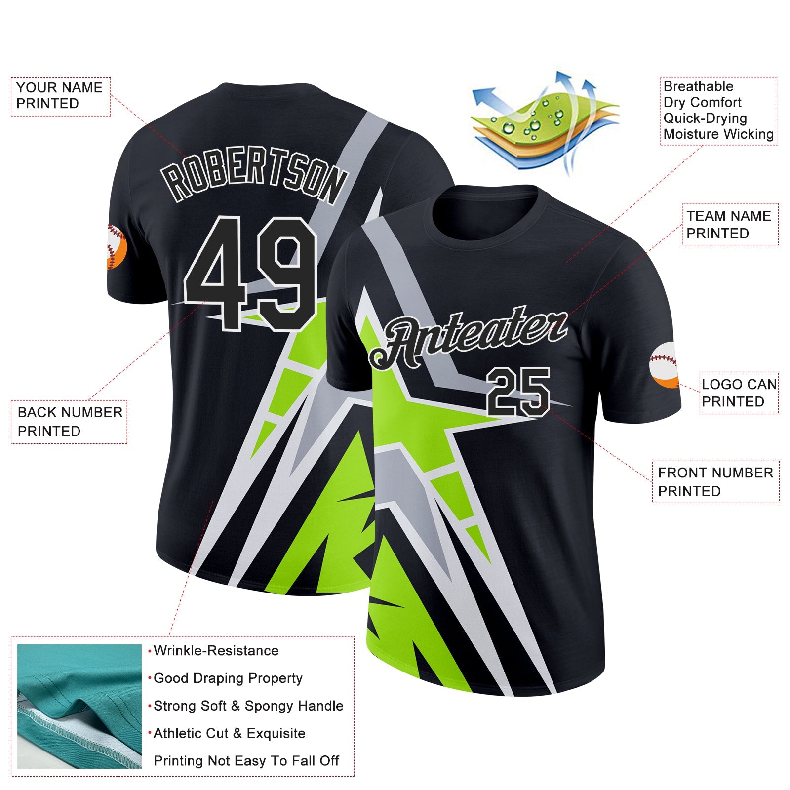 Custom Black Neon Green-Gray 3D Esports Performance T-Shirt view 2