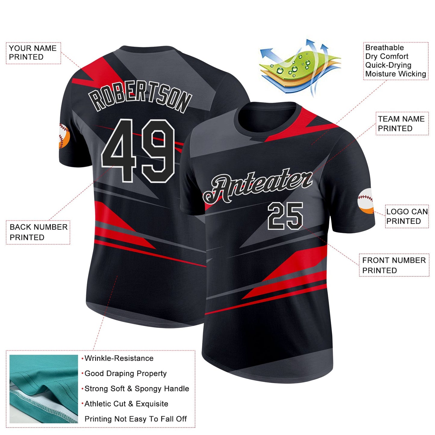 Custom Black Steel Gray-Fire Red 3D Esports Performance T-Shirt view 2