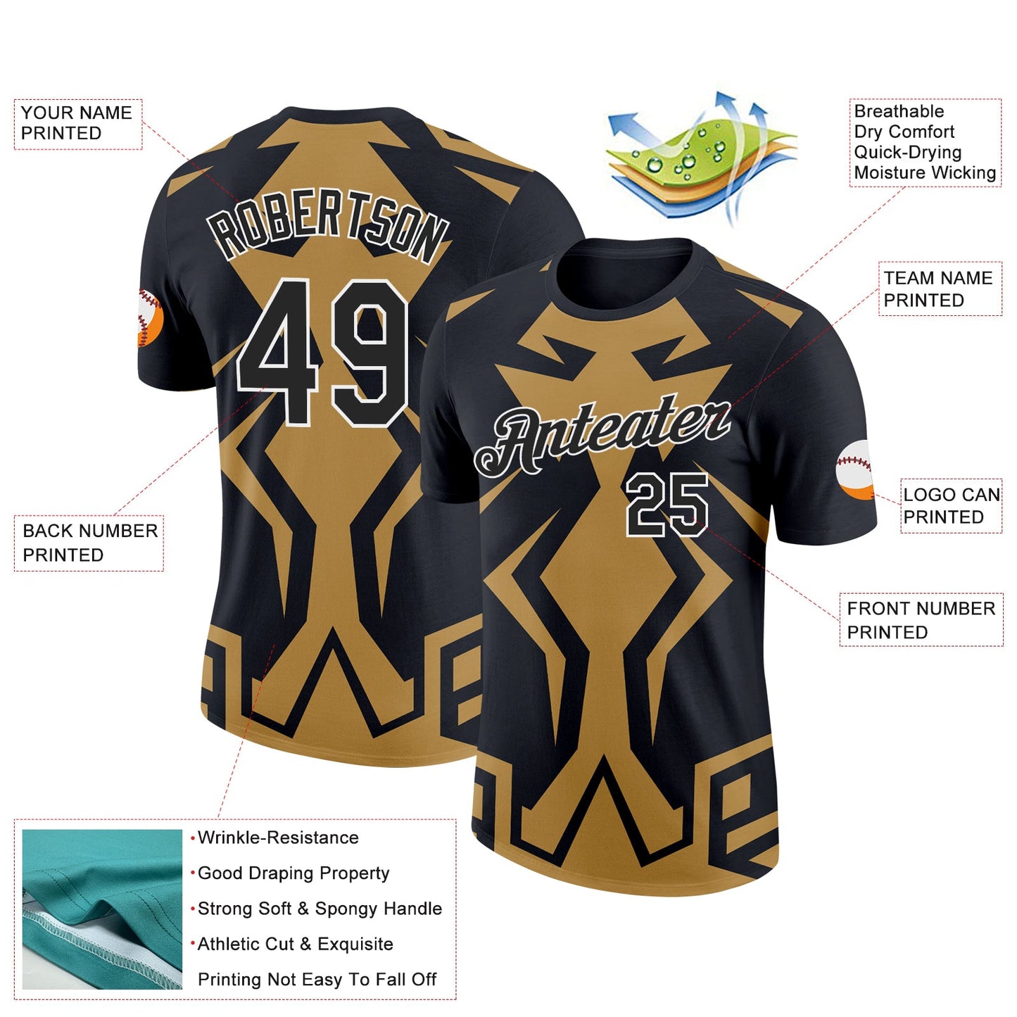 Custom Black Old Gold-White 3D Esports Performance T-Shirt view 2
