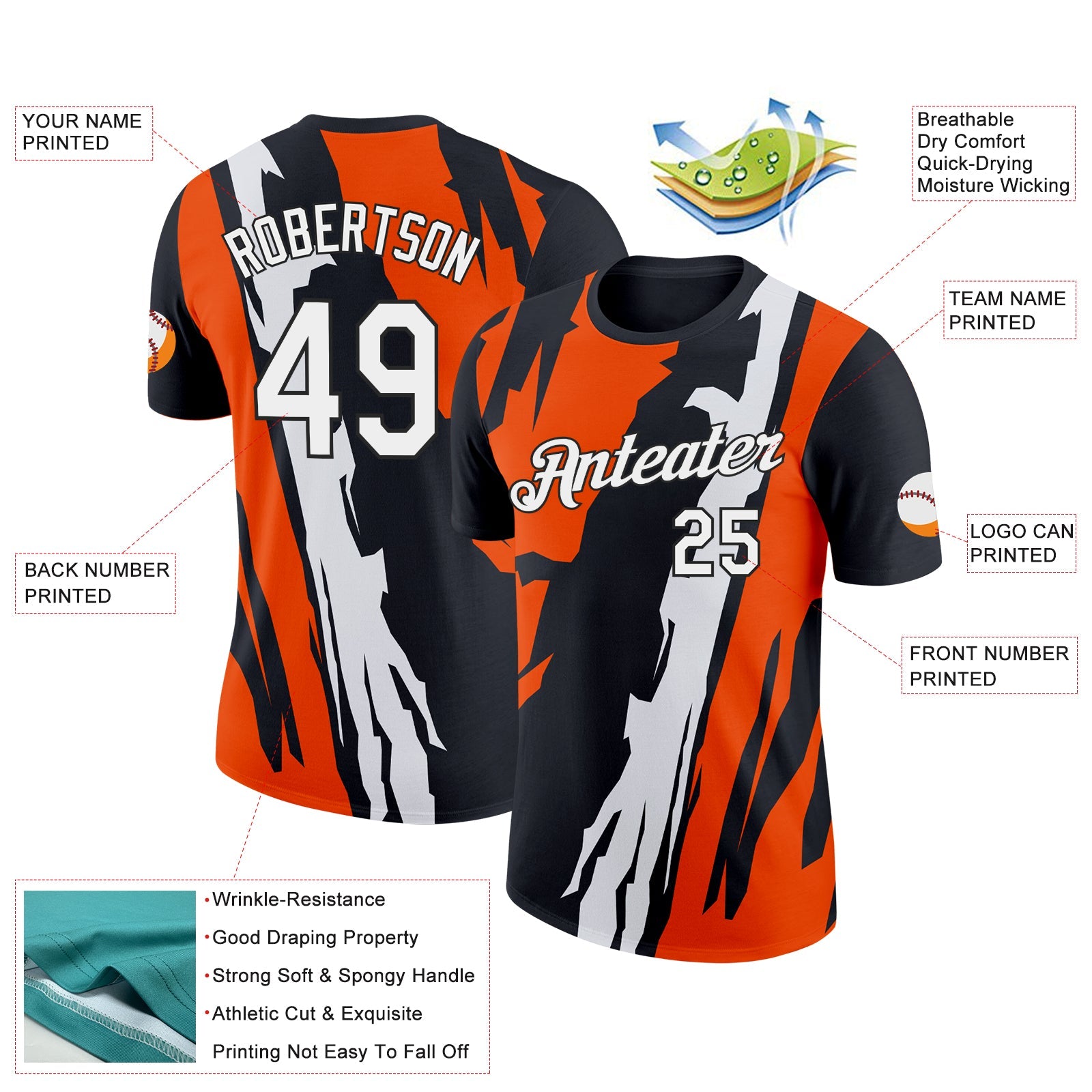Custom Black White-Orange 3D Esports Performance T-Shirt view 2