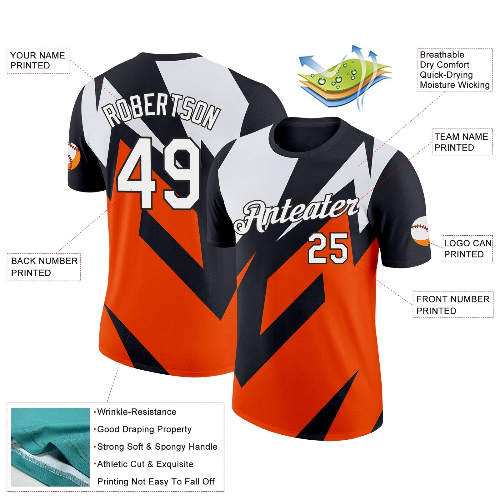 Custom Black White-Orange 3D Esports Performance T-Shirt view 2