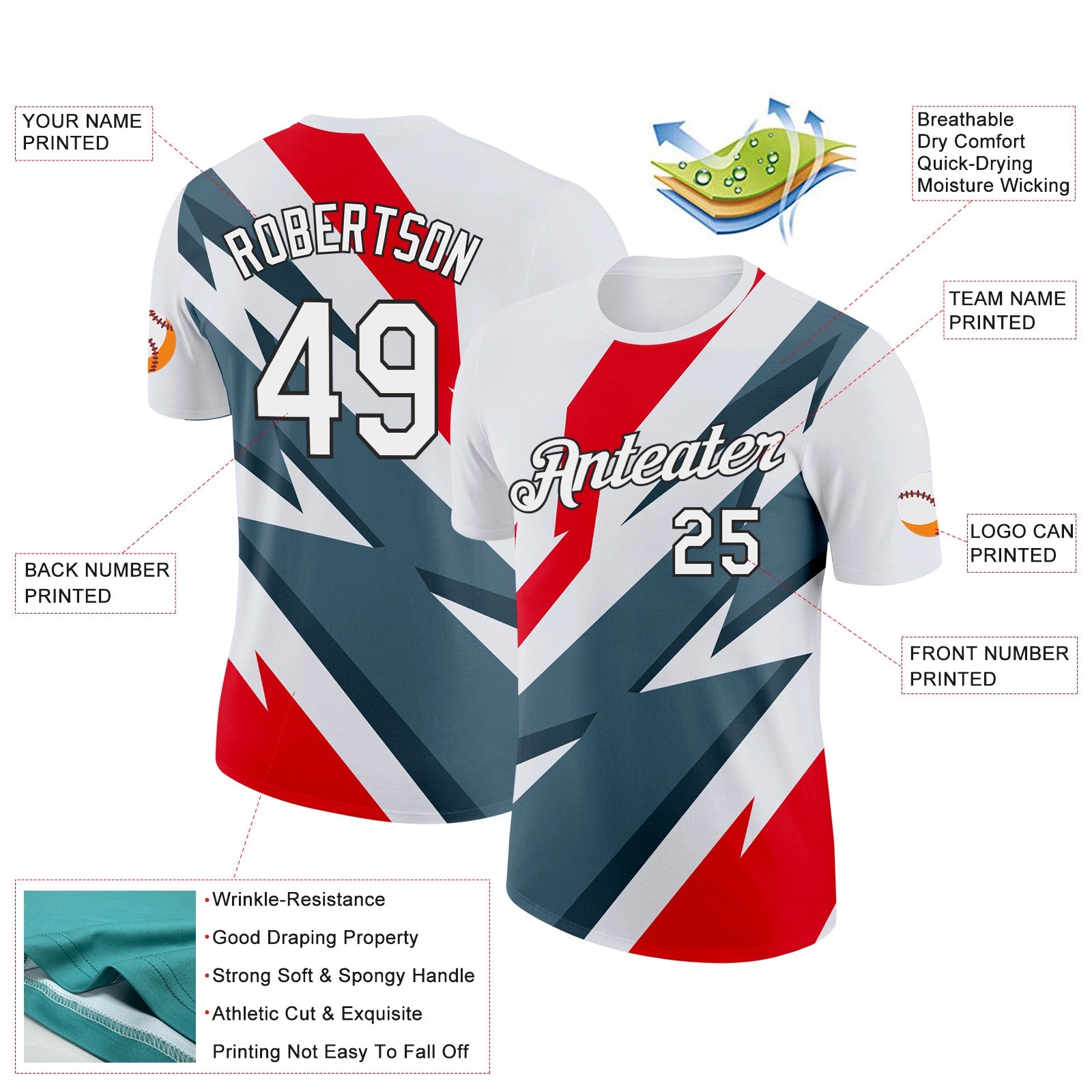 Custom White Fire Red Shadow Blue-Black 3D Esports Performance T-Shirt view 2