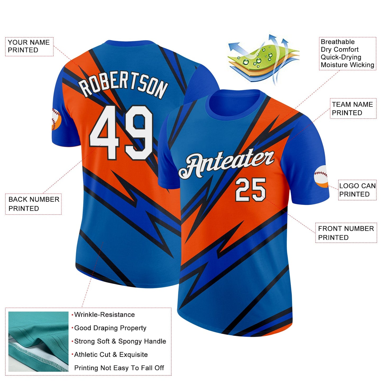 Custom Thunder Blue Orange-Black 3D Esports Performance T-Shirt view 2