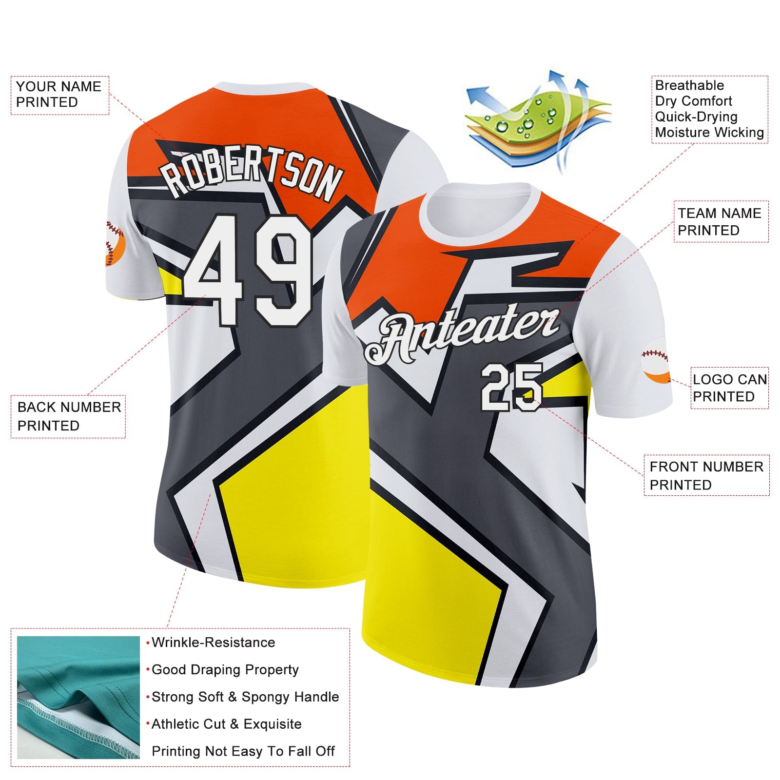 Custom White Orange Steel Gray Light Yellow-Black 3D Esports Performance T-Shirt view 2