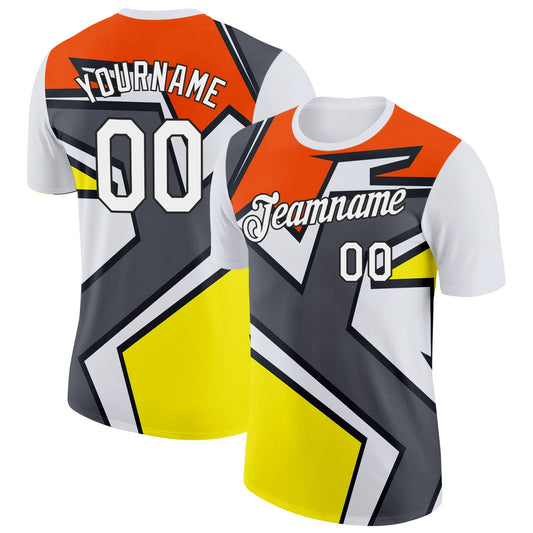Custom White Orange Steel Gray Light Yellow-Black 3D Esports Performance T-Shirt - Main View