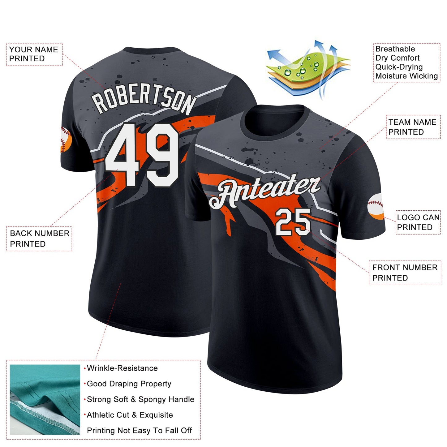 Custom Black Orange-Steel Gray 3D Esports Performance T-Shirt view 2