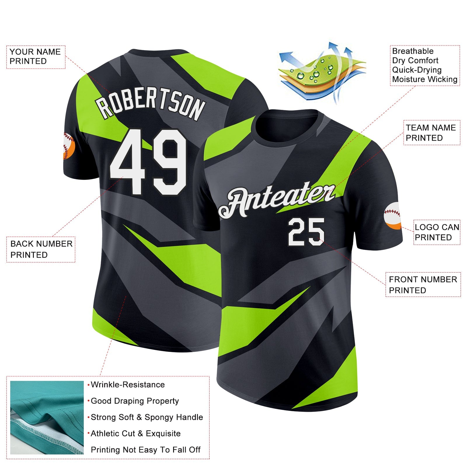 Custom Black Steel Gray-Neon Green 3D Esports Performance T-Shirt view 2