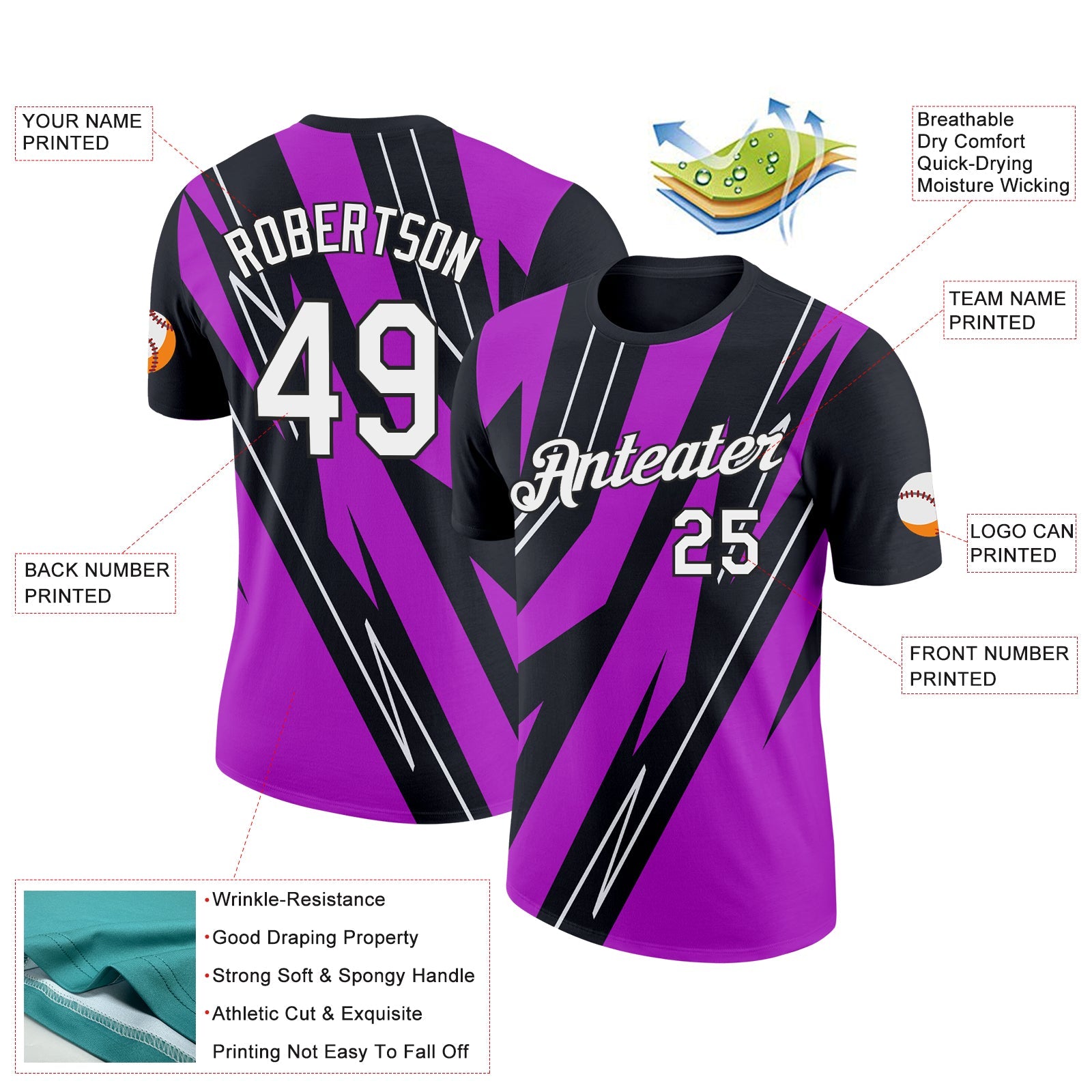Custom Black White-Purple 3D Esports Performance T-Shirt view 2