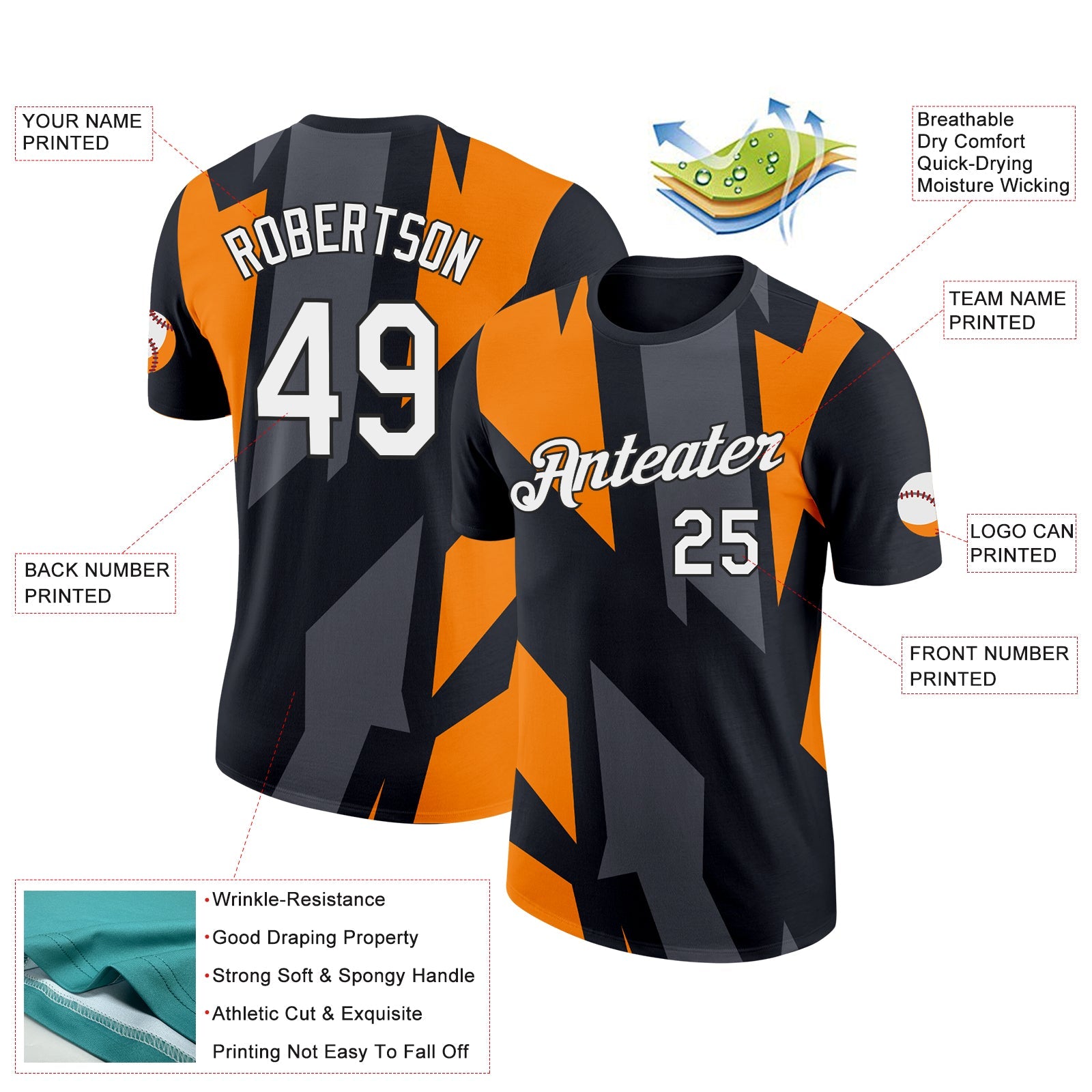 Custom Black Bay Orange-Steel Gray 3D Esports Performance T-Shirt view 2
