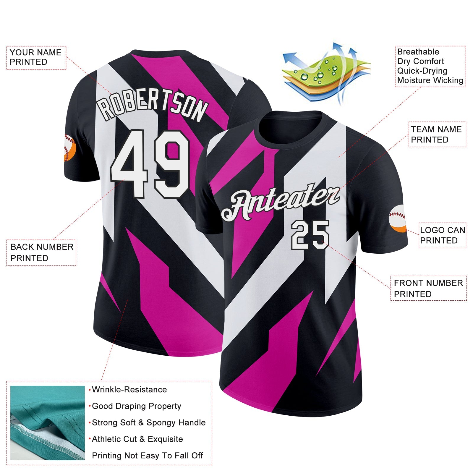 Custom Black White-Hot Pink 3D Esports Performance T-Shirt view 2