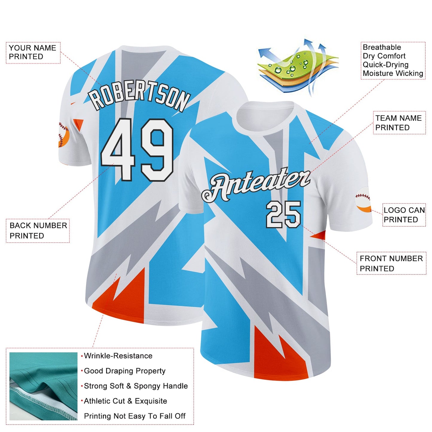 Custom White Sky Blue Orange-Gray 3D Esports Performance T-Shirt view 2