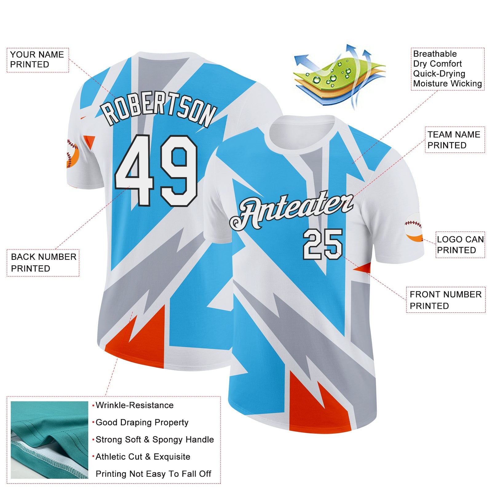 Custom White Sky Blue Orange-Gray 3D Esports Performance T-Shirt view 2