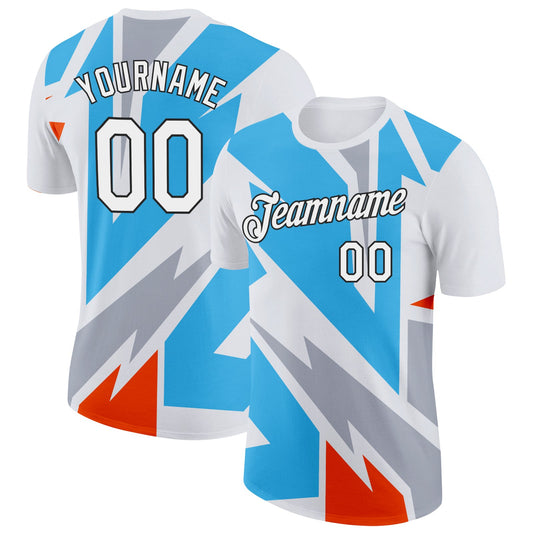 Custom White Sky Blue Orange-Gray 3D Esports Performance T-Shirt - Main View