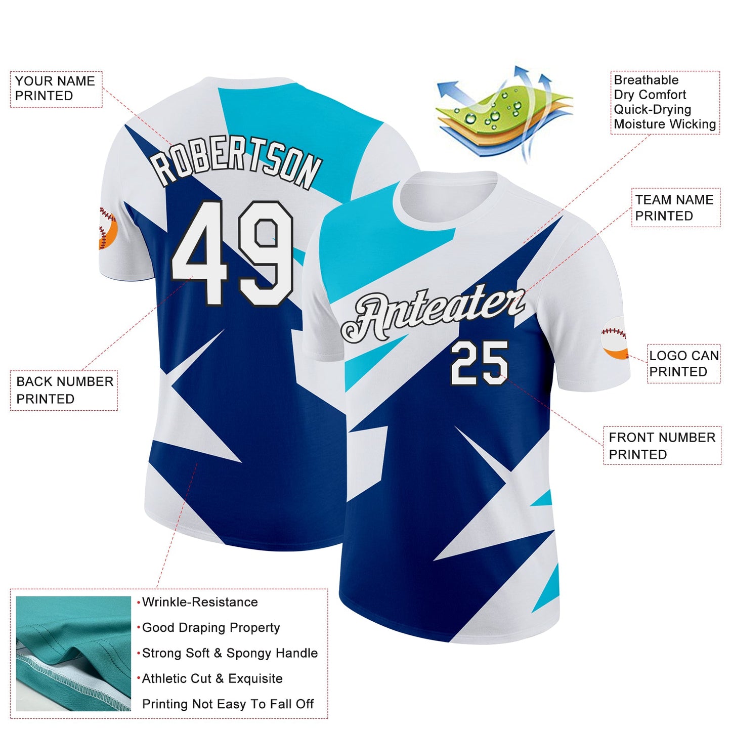 Custom White Lakes Blue US Navy Blue-Black 3D Esports Performance T-Shirt view 2